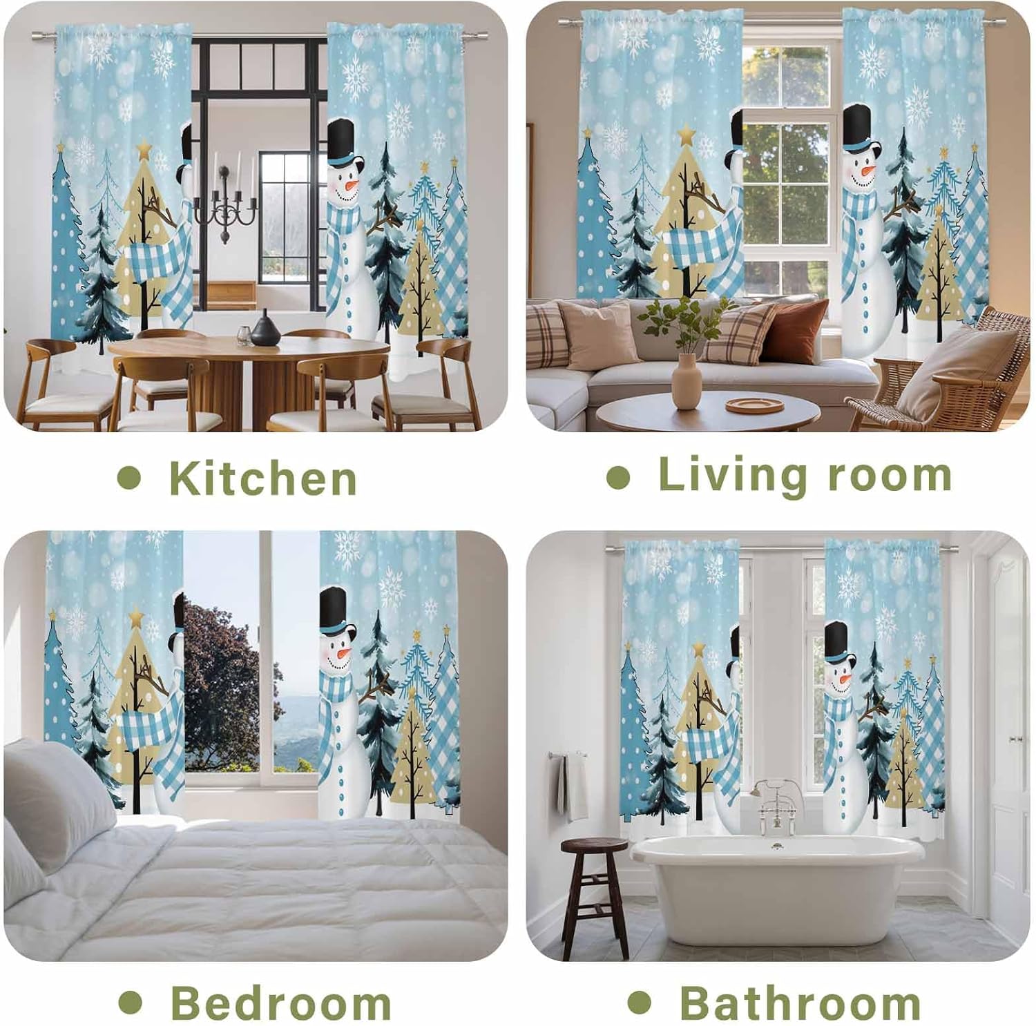 Blue Christmas Snowman Window Curtains 72 Inch Long 2 Panel Set, Rod Pocket Long Curtains & Drapes, Xmas Trees Winter Snowflake Light Filtering Window Treatment for Bedroom Living Room 52"W x 72"L