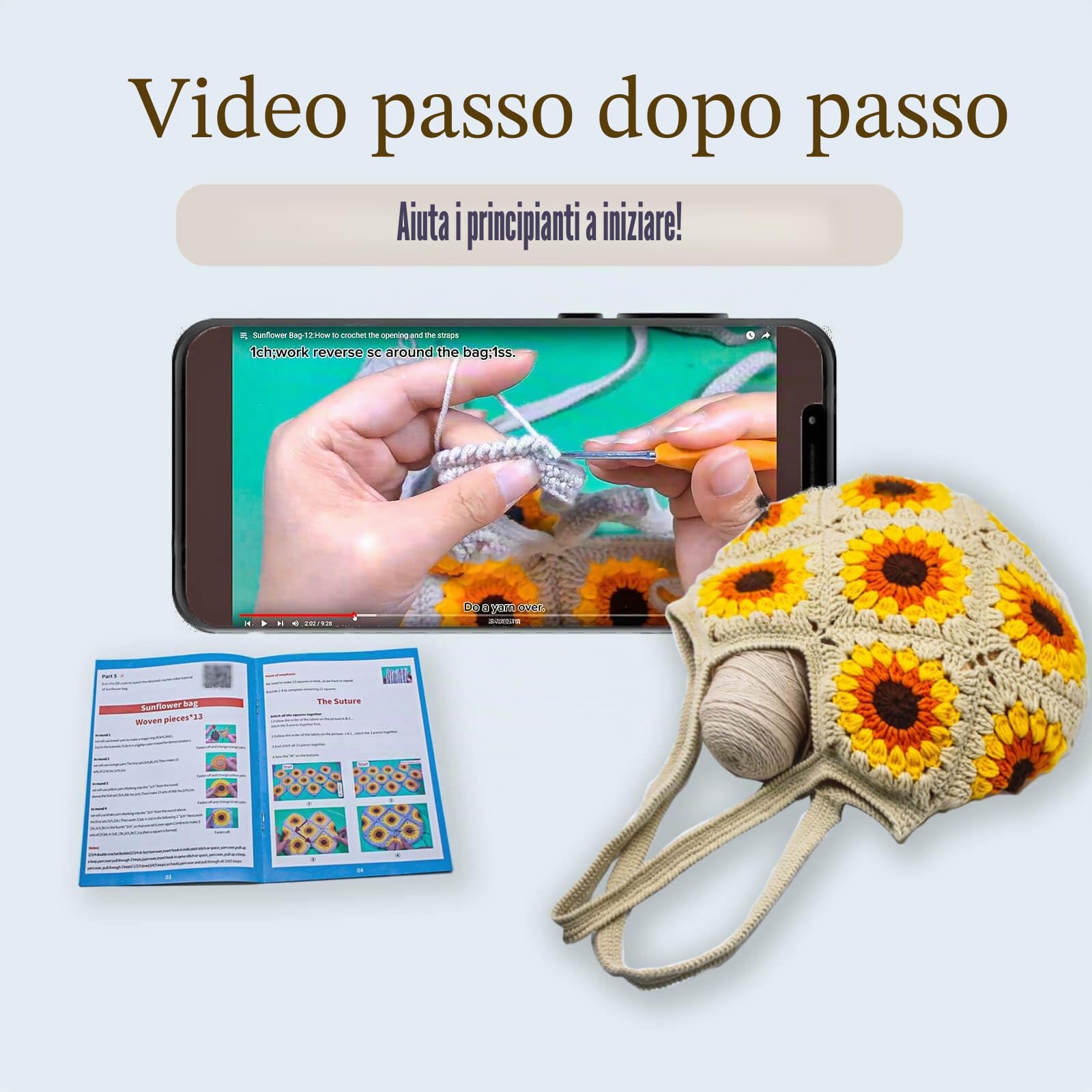 Anbaagsky Kit Uncinetto per principianti: Girasole Tote Bag Granny Square Crochet Tote Bag con tutorial video passo-passo