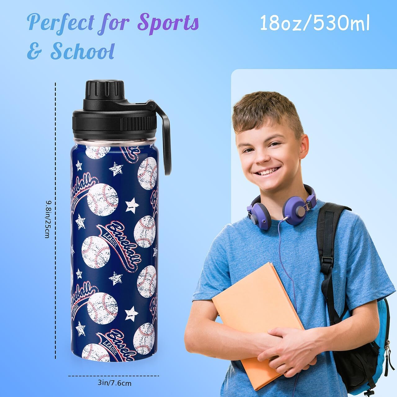 18oz Insulated Water Bottle with Straw Lid & Spout Lid, Baseball, Gift for Kids Boys to School Sports Travel Fitness Hiking Outdoors, Double Wall 18/8 Stainless Steel, Hands Wash Only, Blue - Image 3