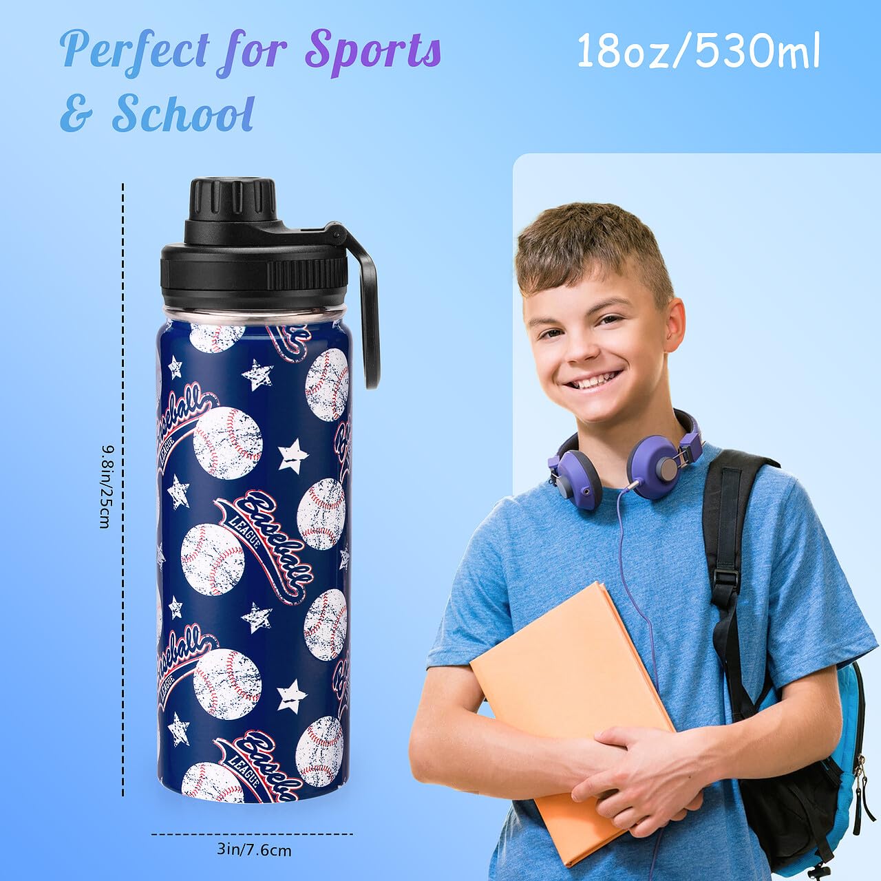 Isolierte Kinder-Trinkflasche 530 Ml – Edelstahl, Doppelwandig, Mit Baseball-Design