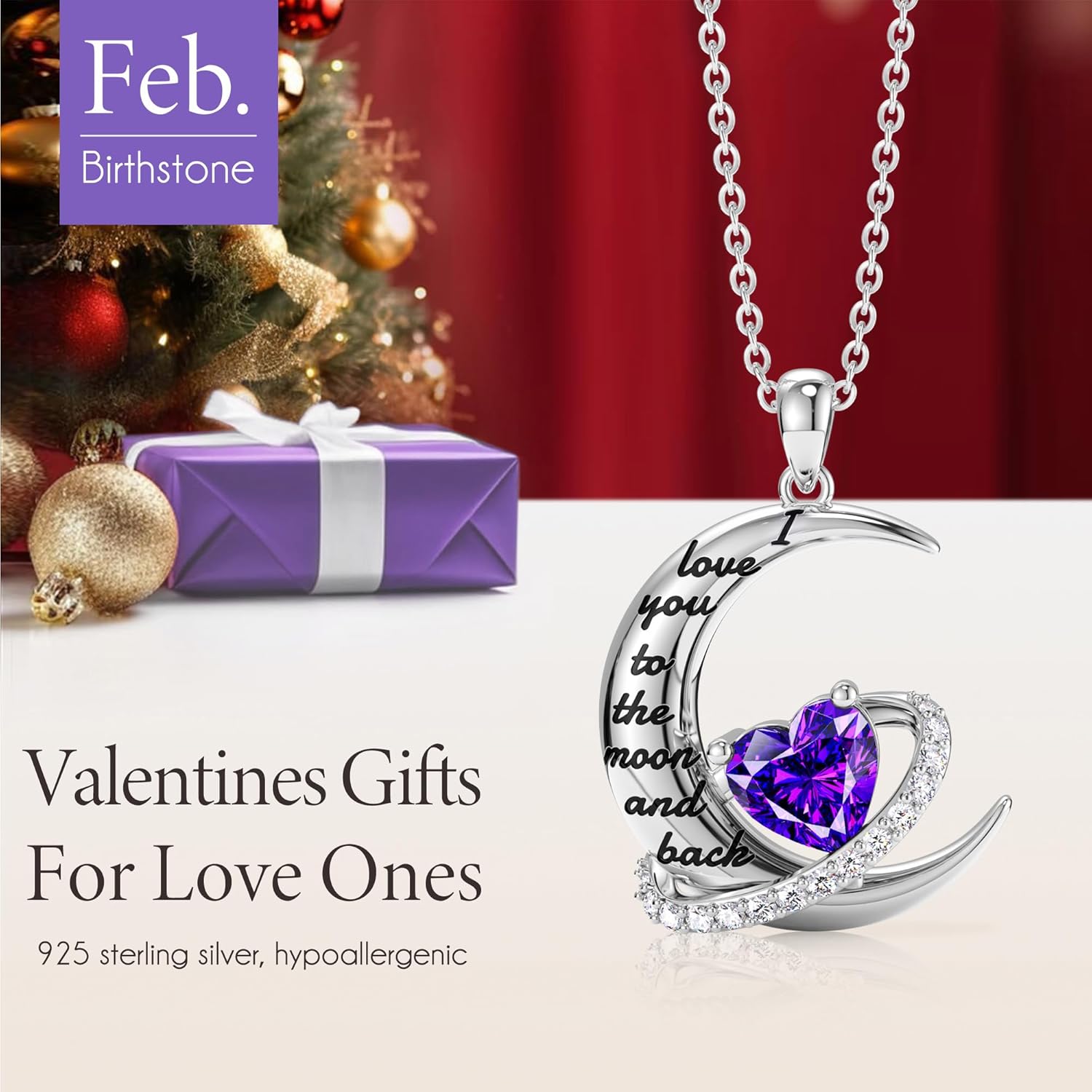 Distance Valentine's Day Gift I Love You to The Moon and Back Necklace for Women, S925 Sterling Silver Forever Love Heart Birthstone Necklace, Anniversary Birthday Jewelry Gifts for Her Wife Lover - Image 2