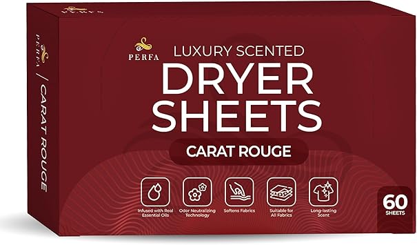 Dryer Sheets Inspired Scent for Women 60 Count | B.accarat Premium Fragrance Dryer Fabric Sheets | Long Lasting with Amber Jasmine Saffron | Clean Musk Laundry Freshness | Carat Rouge by Perfa