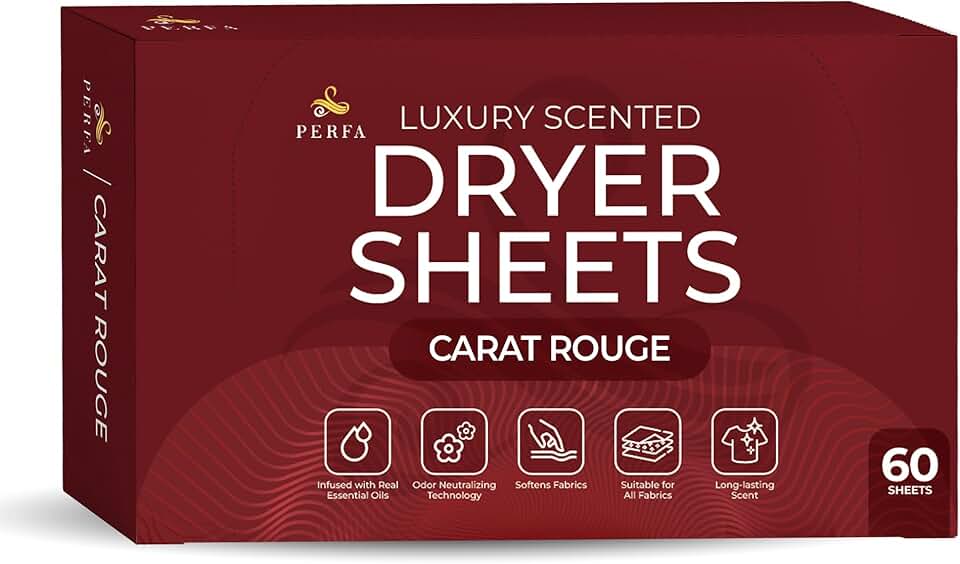Dryer Sheets – Carat Rouge Scent | Ultra-Soft Essential Oil Dryer Sheet | Long-Lasting Fabric Sheet | 60 PCS Scented Laundry Sheet