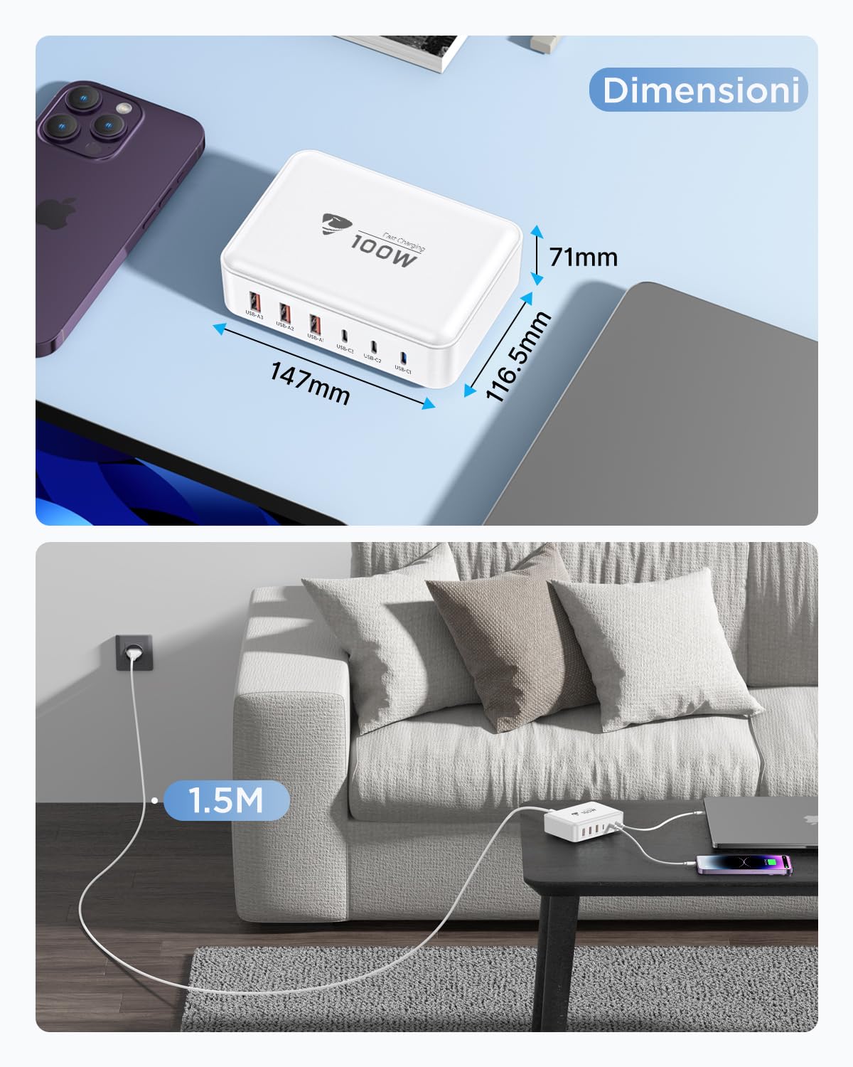 Caricatore Multiplo 100W 6-Porto, Stazione di Ricarica GaN PD & QC 3.0, Alimentatore USB C per iPhone 16 15 12 11 Samsung Pixel MacBook iPad