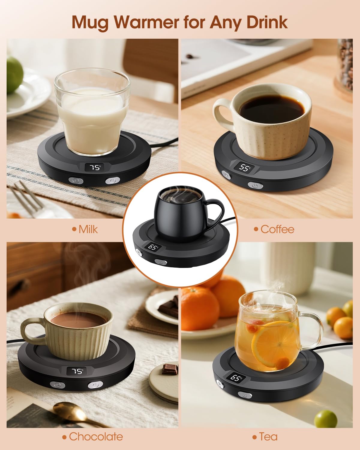 Calentador de Tazas 3 Ajustes de Temperatura Apagado Automático 2-12h para Café Leche Té (Negro)