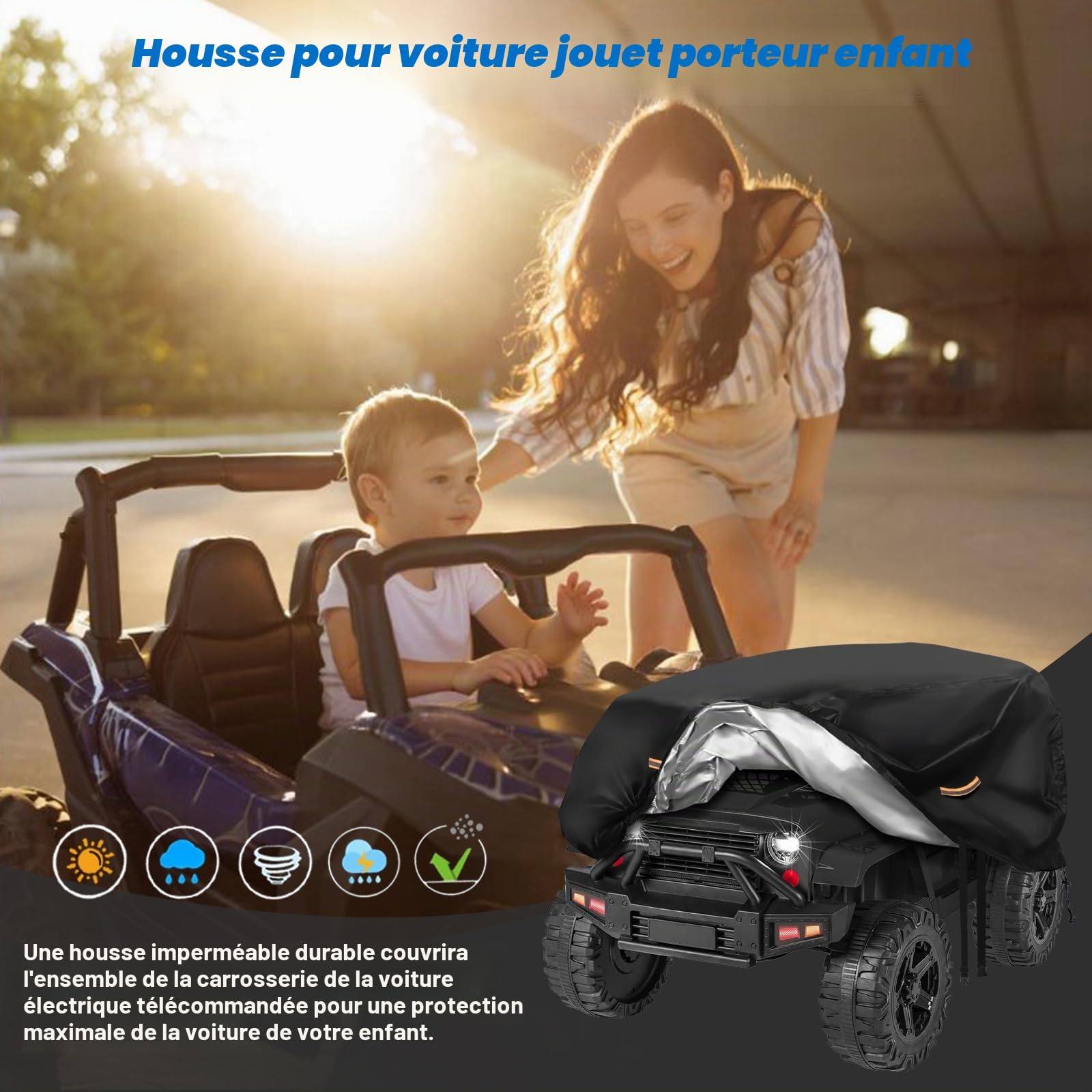 Housse de voiture électrique imperméable 900D pour enfants - Étanche - Boucle coupe-vent - Bande réfléchissante - Grande housse universelle pour jouets - Anti-UV, pluie, poussière - Protection contre