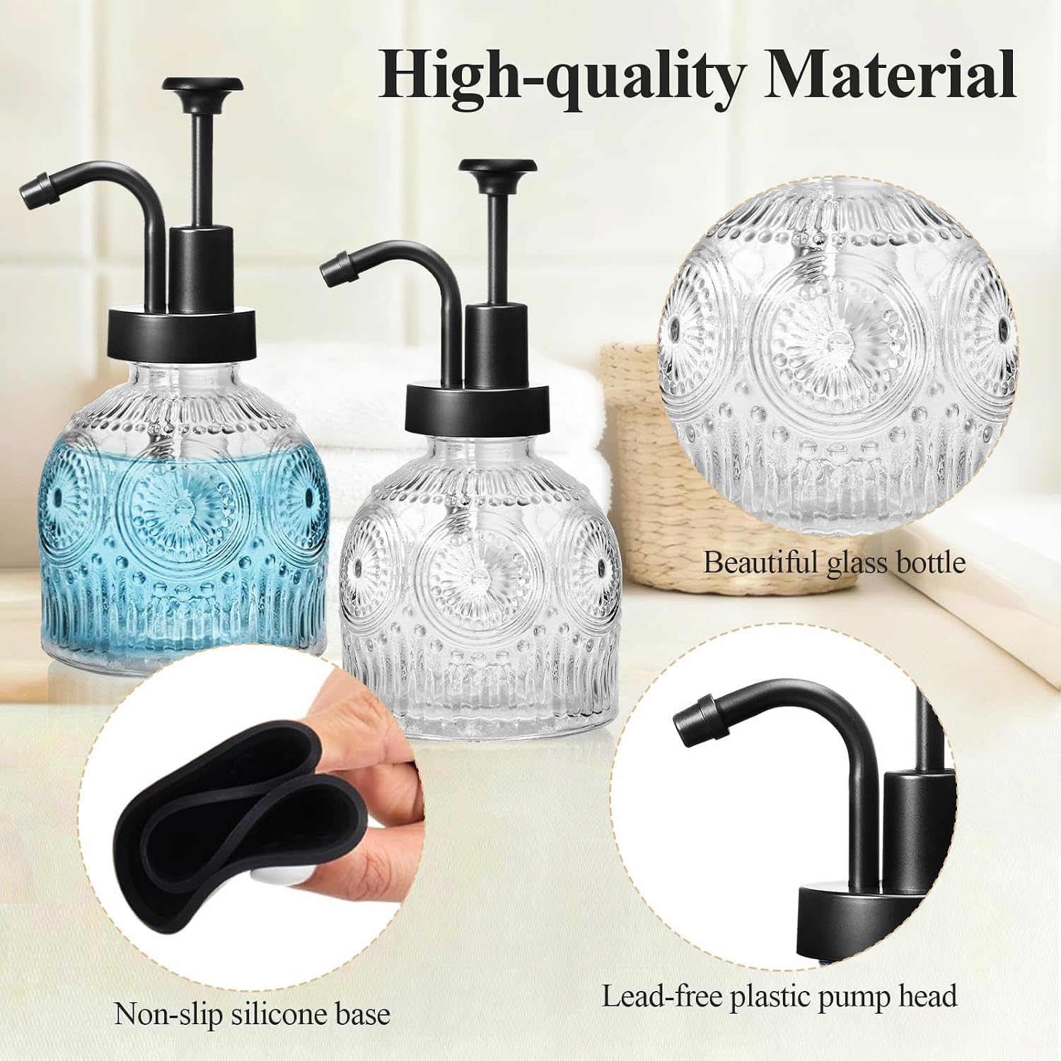 SheeChung Vintage Soap Dispenser, Kitchen Dish Soap Dispensers with Pump Mat, Glass Hand Soap Dispenser for Bathroom, Liquid, Lotion, Refillable, Rustic Farmhouse Decor-Clear (Black Pump, 1 pk)