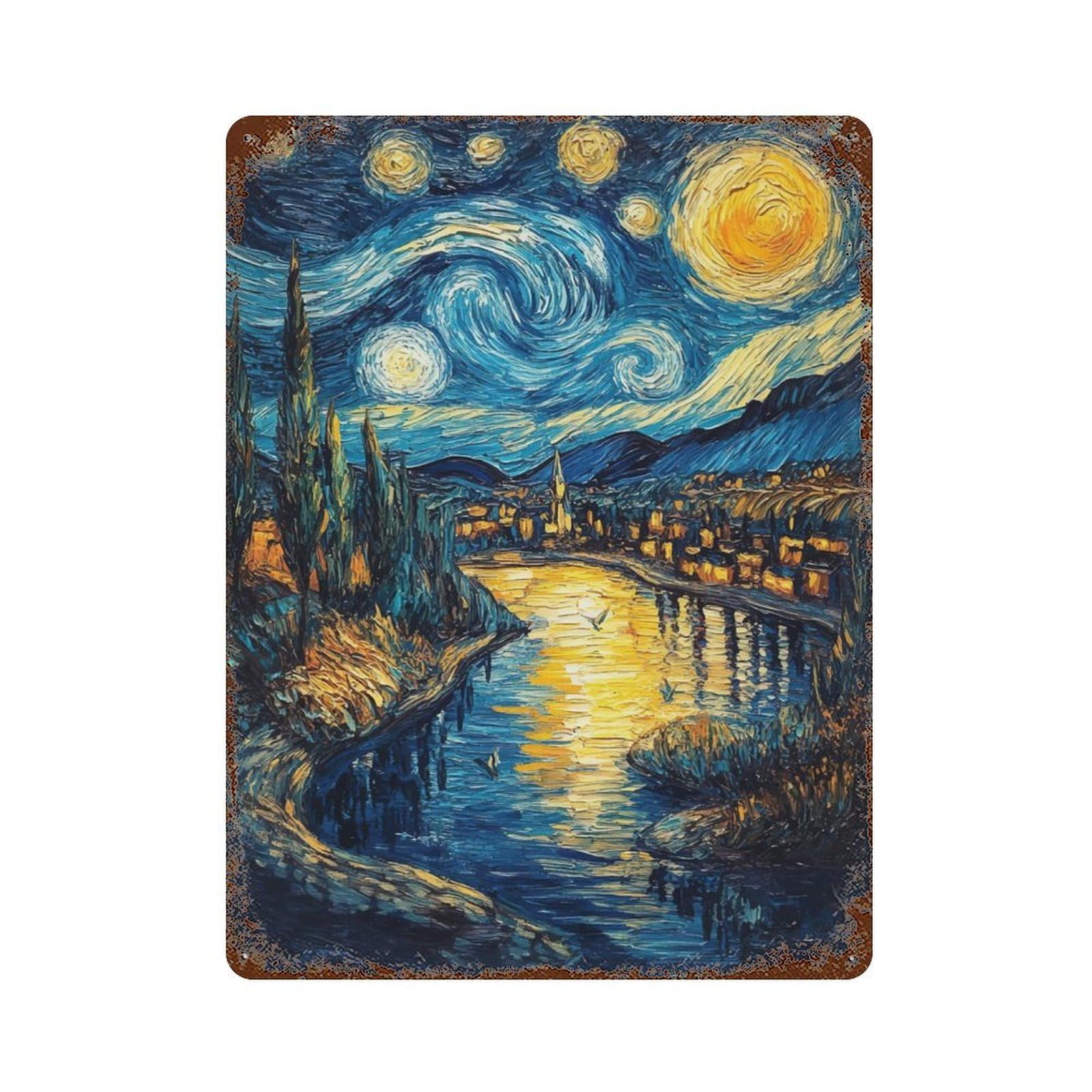 Starry Night Village 15.7"x11.8" Aged Metal Wall Plaque, Novelty Wall Decor for Shed, Workshop And Garage Wall Decor