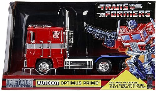 Miniatura 6 de Jada Toys Transformers G1 Optimus Prime Truck con robot en chasis DIE-CAST Car, 1 vehículo a escala 24, 100% metal, rojo 99524
