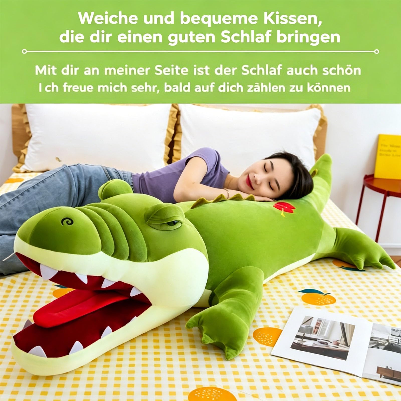 Riesen Krokodil Kuscheltier XXL, groß Grün Krokodil Stofftier Plüschtier mit offenem Maul, Krokodilkissen Plüschtier, Lustige Alligatoren-Plüschtiere Geschenk für Jungen und Mädchen (120cm,Grün)