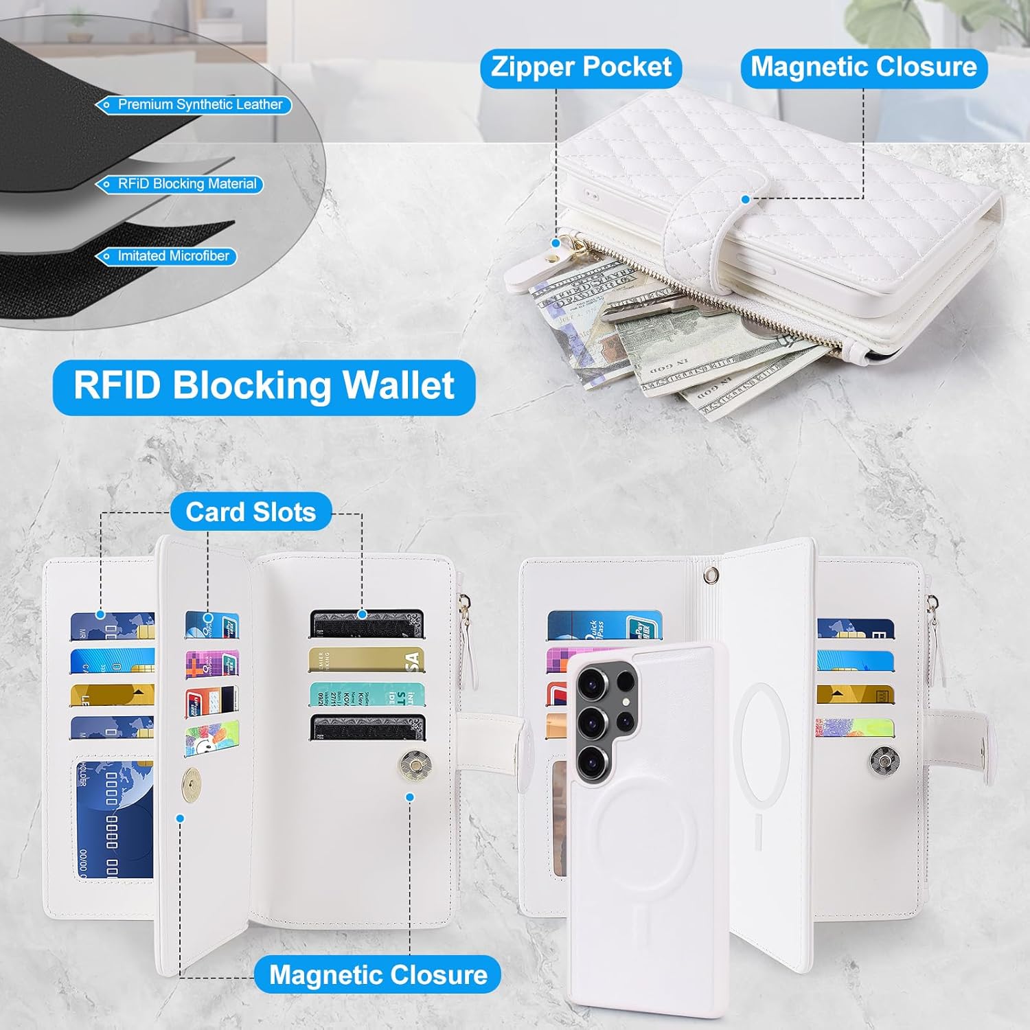 Harryshell 2 in 1 for Samsung Galaxy S24 Ultra Wallet Case Magnetic Compatible with Magsafe RFID Blocking Card Holder Detachable Phone Cover Zipper Purse Kickstand Wrist Strap Men Women Quilted White