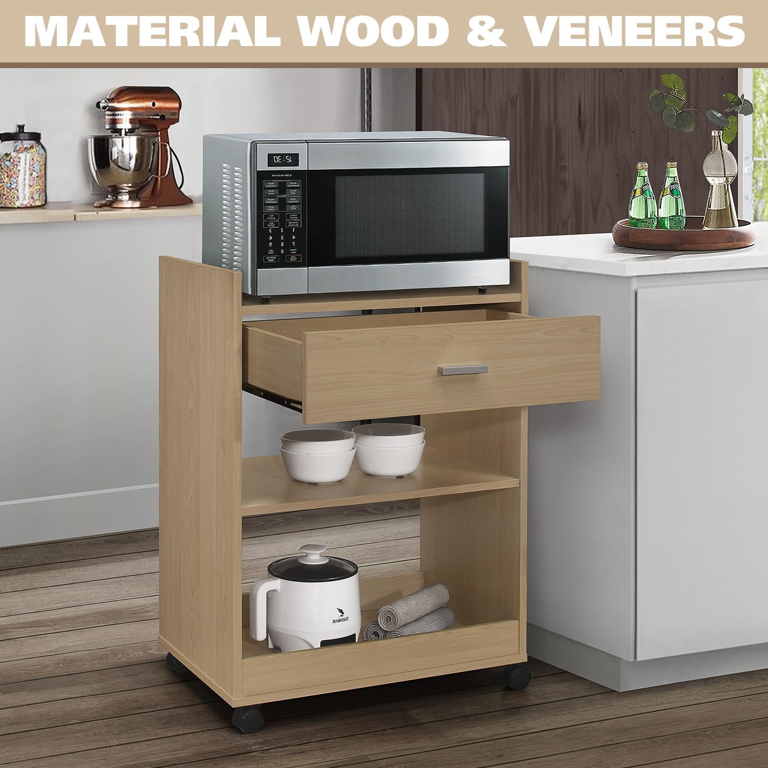 Kings Brand Furniture Dellow Microwave Cart with Storage Shelves and Drawer - 2 Shelf Veneers & Wood Kitchen Cart with Storage - Lockable & Unlockable Microwave Wooden Cart with Wheels - Beech