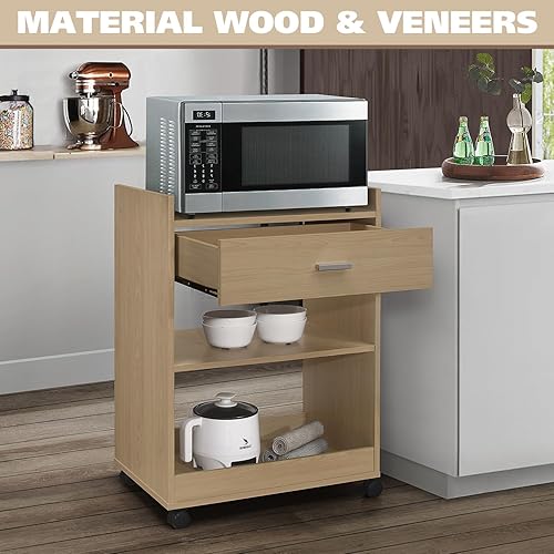 Miniatura 4 de Kings Brand Furniture - Armario de carrito de servicio de microondas para isla de cocina con cajón y estantes para almacenamiento (haya)