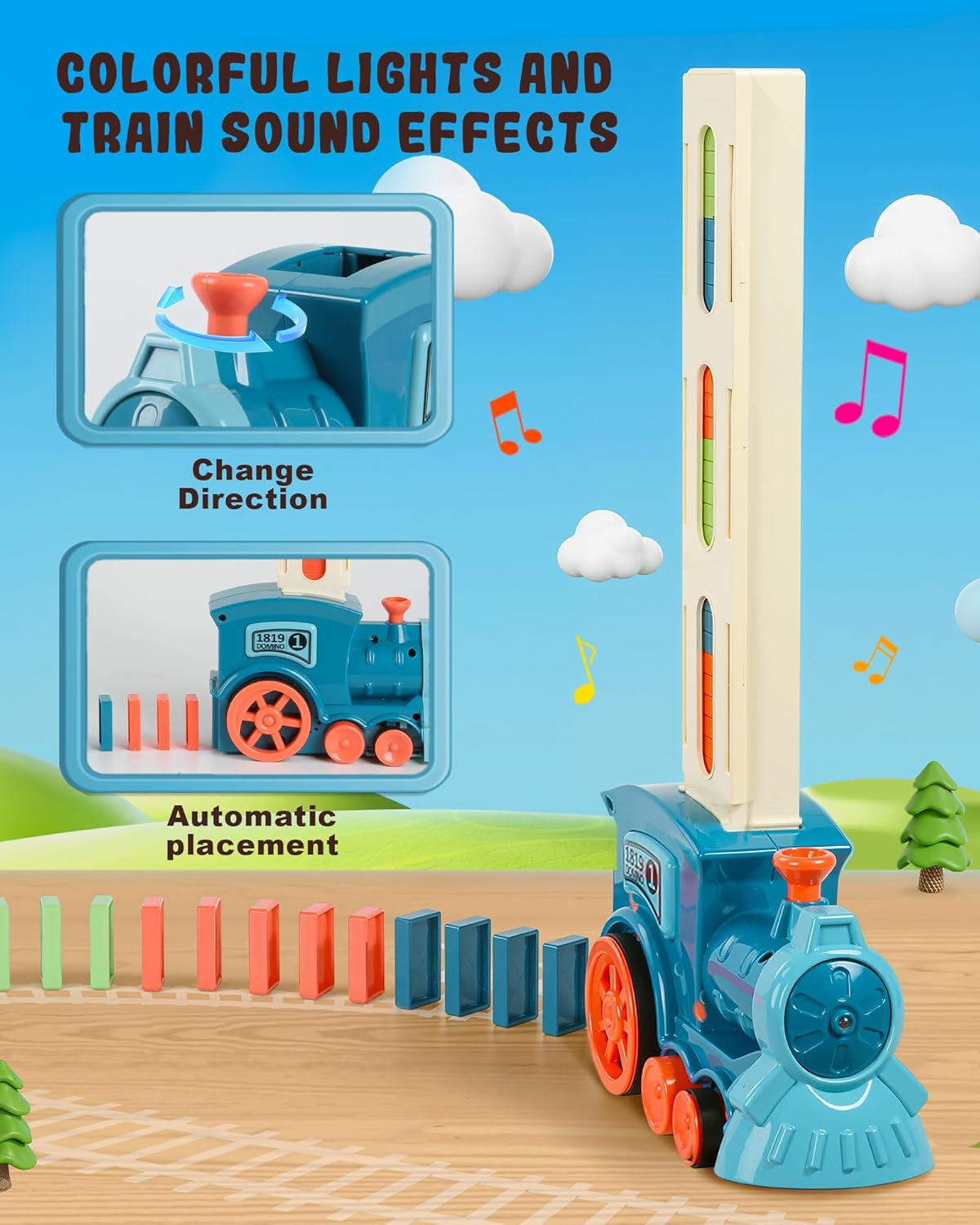 Kids Games Domino Train Toys, 200PCS Automatic Stacking Creative Game 3+ Year Old - Stem Montessori Toy for Boys 4-6 - Christmas Birthday Gifts Blue
