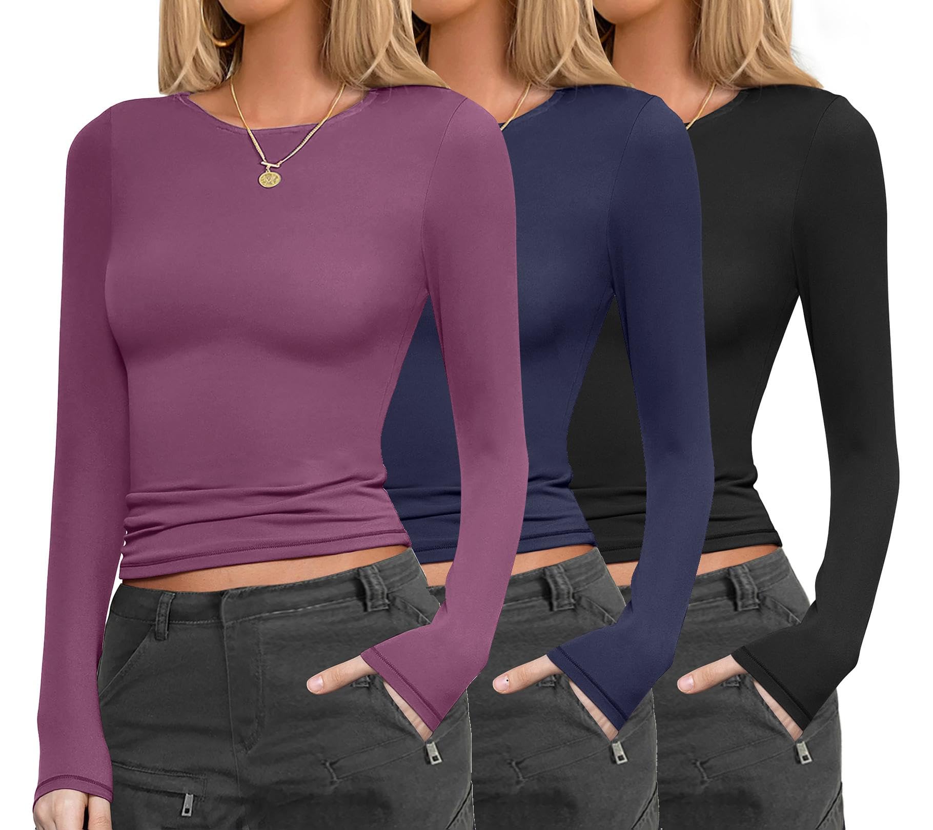 Ekouaer Womens 3 Pack Long Sleeve Shirts Fitted Tops Underscrub Undershirt
