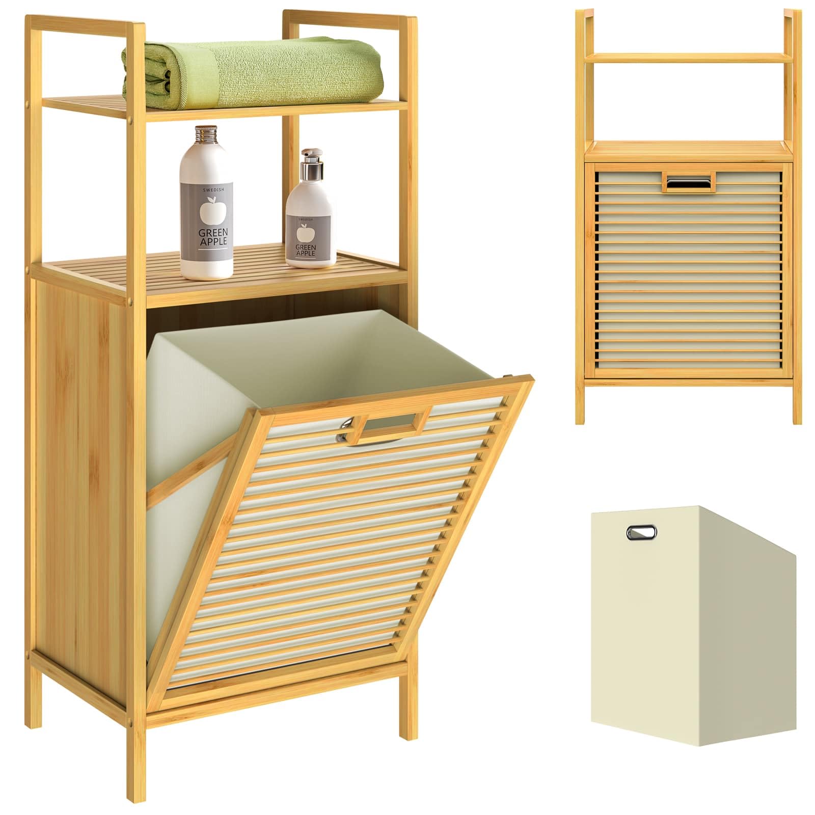 Casaria Mobile da Bagno con Cesta per Biancheria Rimovibile 36L95x40x30cm | Armadietto in Bambù, 2 Ripiani, Cesto Panni, Mobiletto, Portabiancheria, Robusta, Stabile
