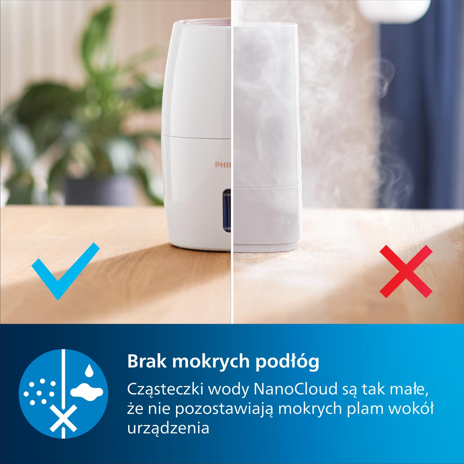 Philips Nawilżacz powietrza Serii 2000, Higieniczne nawilżanie NanoCloud, 99,97% mniej bakterii, 200 ml/h, Zbiornik 2L, Ultra cichy (33 dB), 3 prędkości, Tryby Auto i Nocny, Timer, Biały (HU2716/10)