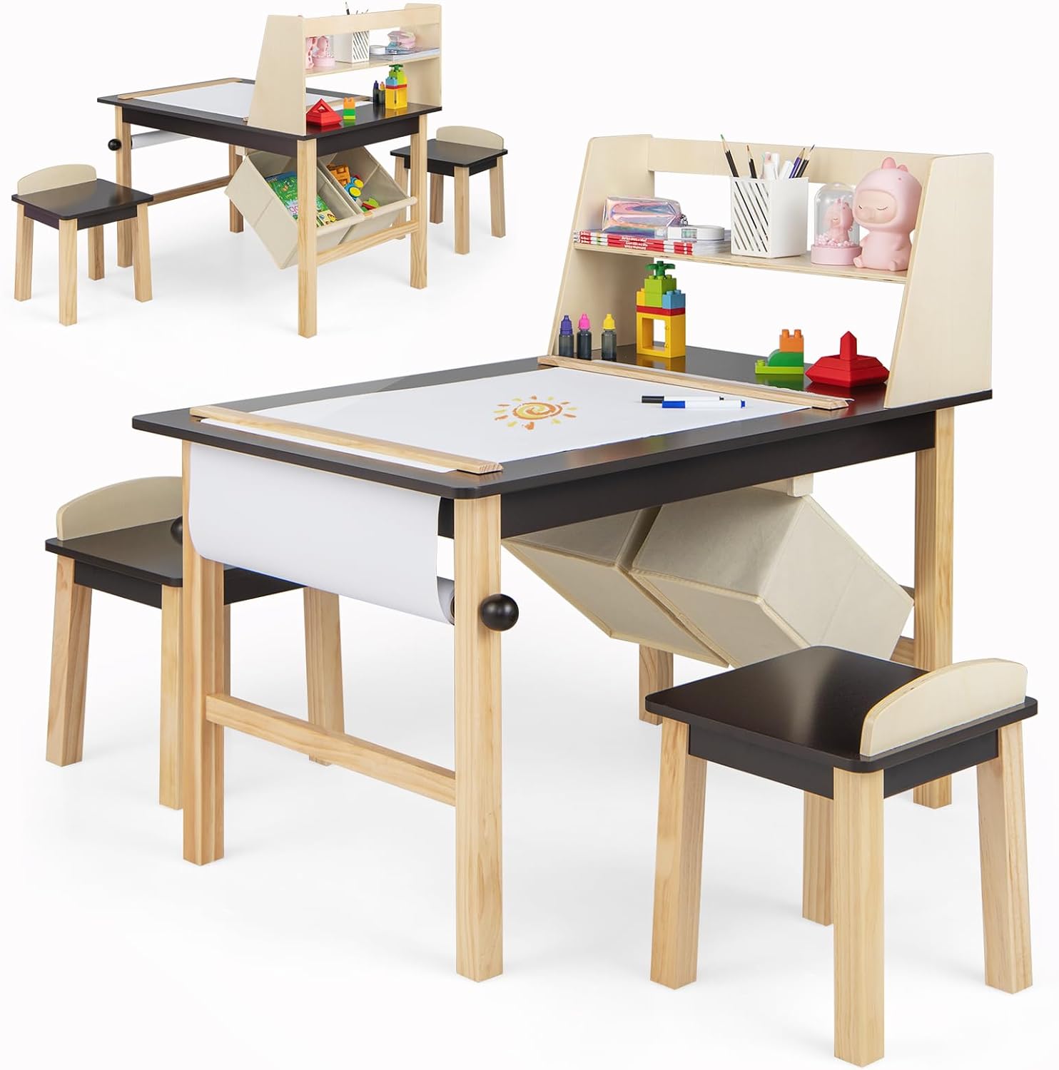 Costzon Kids Table and Chairs, 2 in 1 Children’s Wooden Easel Table Set with 2-Tier Shelves, 2 Storage Bins, a Paper Roll and 2 Markers for Drawing Dinning Studying, 3 Pieces Kids Art Desk