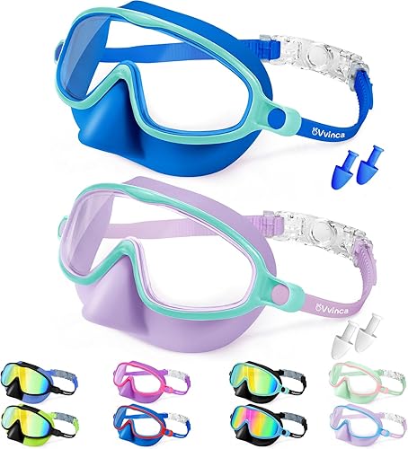 Vvinca Gafas de natación con cubierta para la nariz, paquete de 2 máscaras de buceo de visión amplia, antivaho, UV, sin fugas, gafas de natación