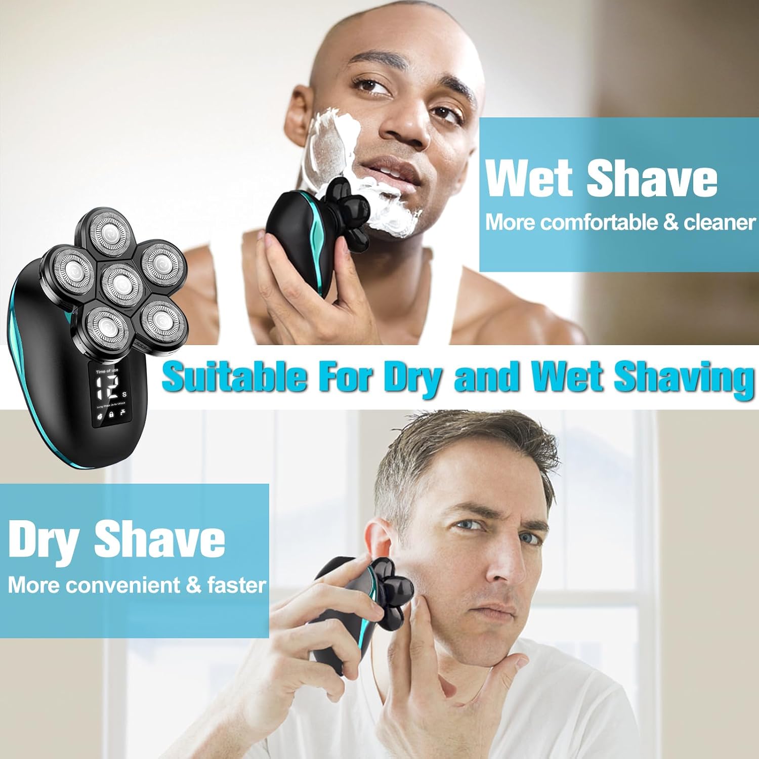 Electric Head Shaver for Bald Men, 6 in 1 Mens Electric Heads Razor Bald Head Shaver Cordless Razor Men, IPX7 Wet/Dry Waterproof Men's Rotary with Shavers Kit LED Display (Green)