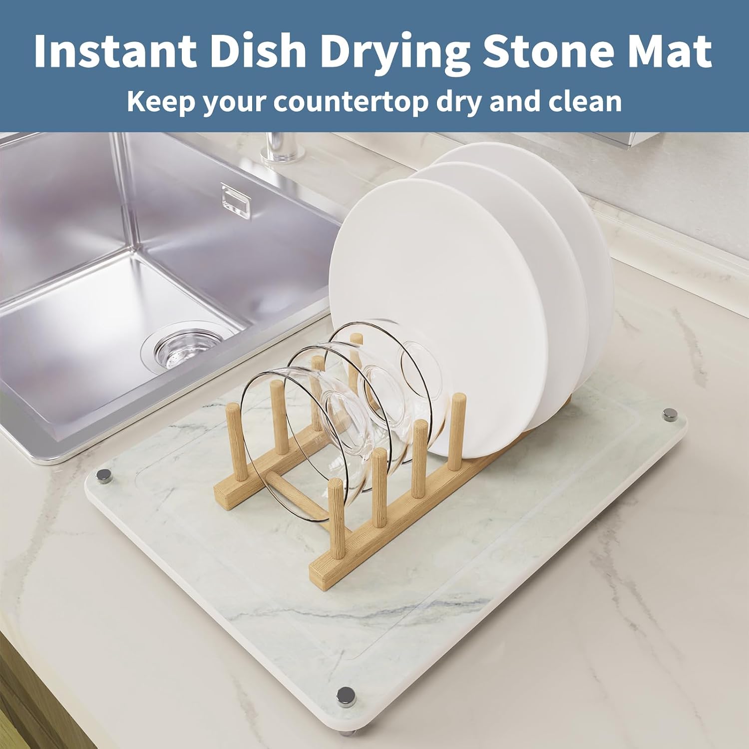 Dish Drying Stone, Water Absorbing Stone Dish Drying Mats for Kitchen Counter, Non-Slip Stone Drying Sink Tray Pad for Dish Bottles Cups, Diatomaceous Earth Sink Caddy Organizer, Beige Marble