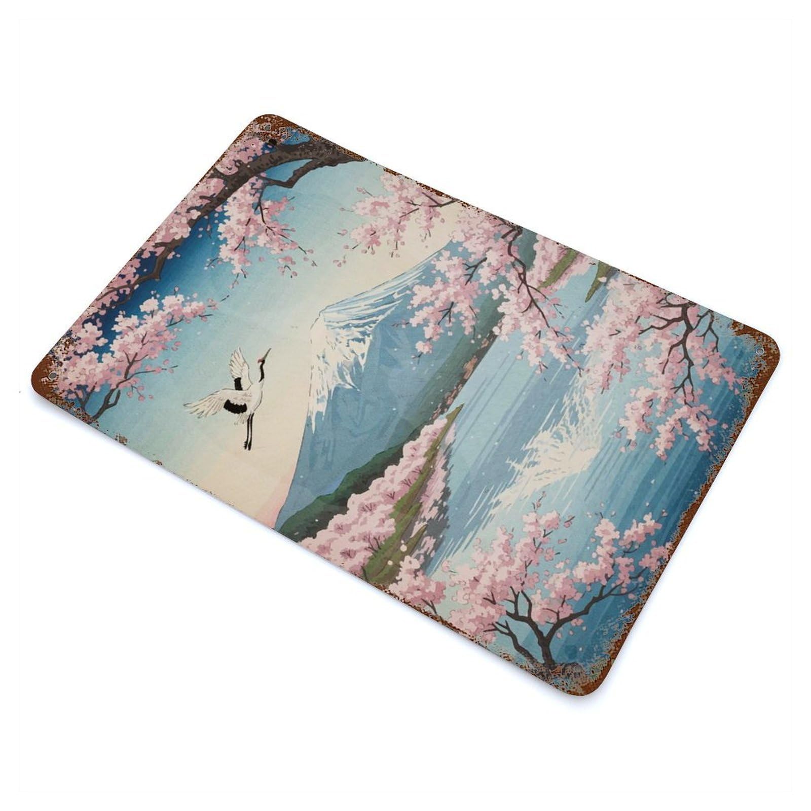 Aged Metal Wall Plaque with Mount Fuji Cherry Blossoms Crane Design 11.8"x7.9", for Cafe, Home Bar And Lounge Decor, Novelty Wall Decor