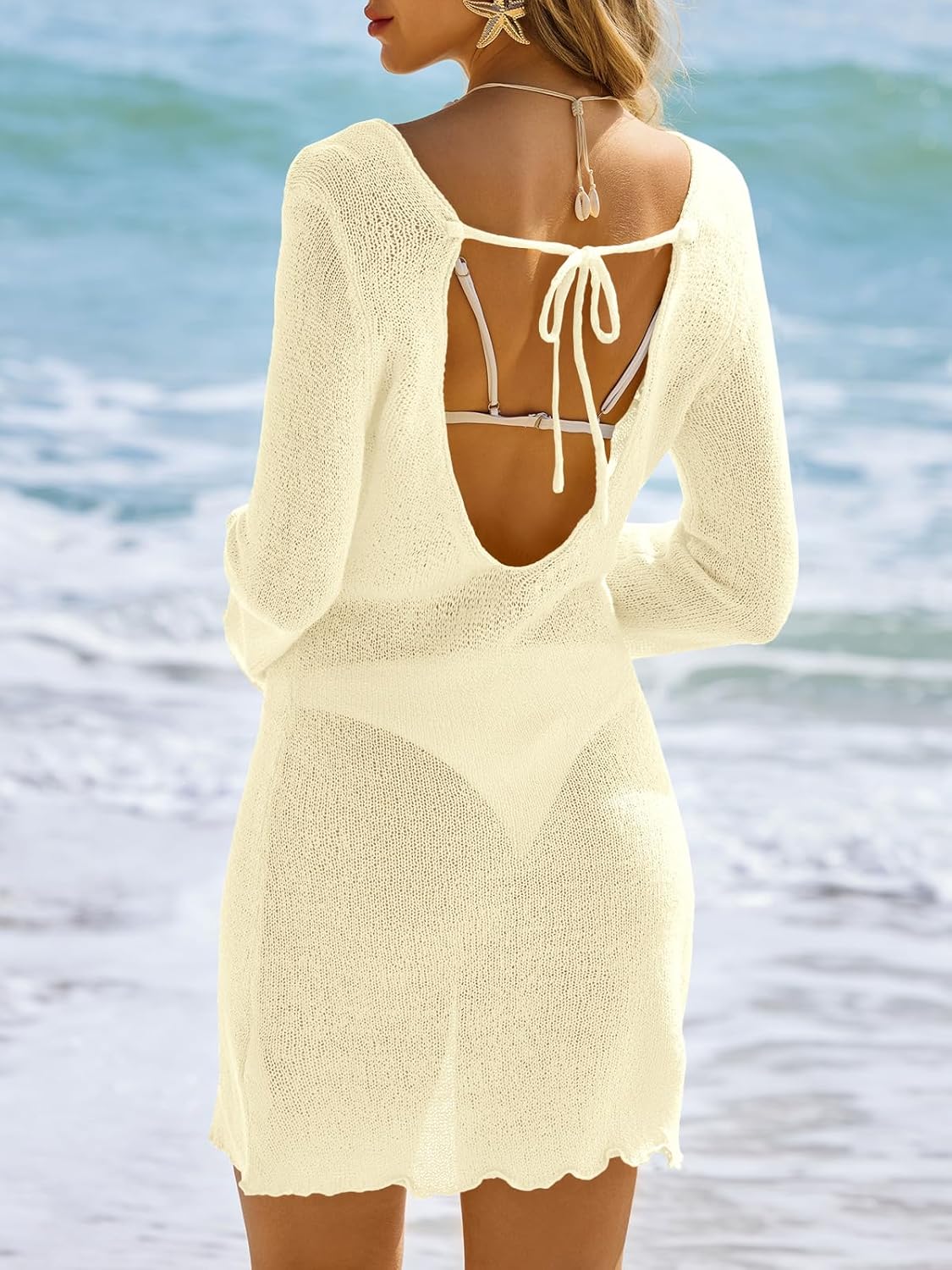 Saodimallsu Womens Swimsuit Cover Up Long Sleeve Sheer Mesh Knit Mini Dress Backless Tie Summer Beach Vacation Outfits - Image 5