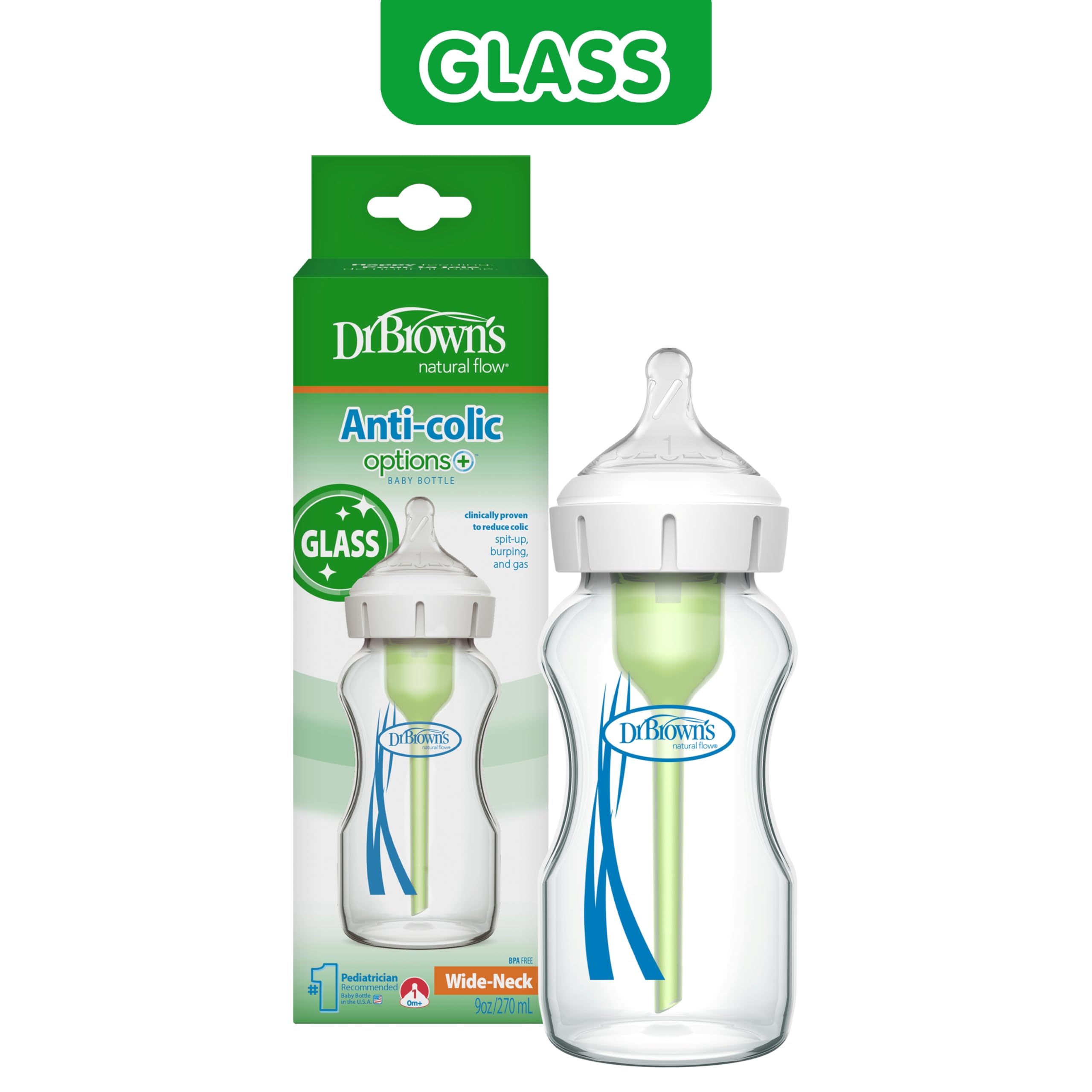 Dr. Brown's Natural Flow Options+ Biberon anti-coliche a collo largo, in vetro, verde, 270 ml