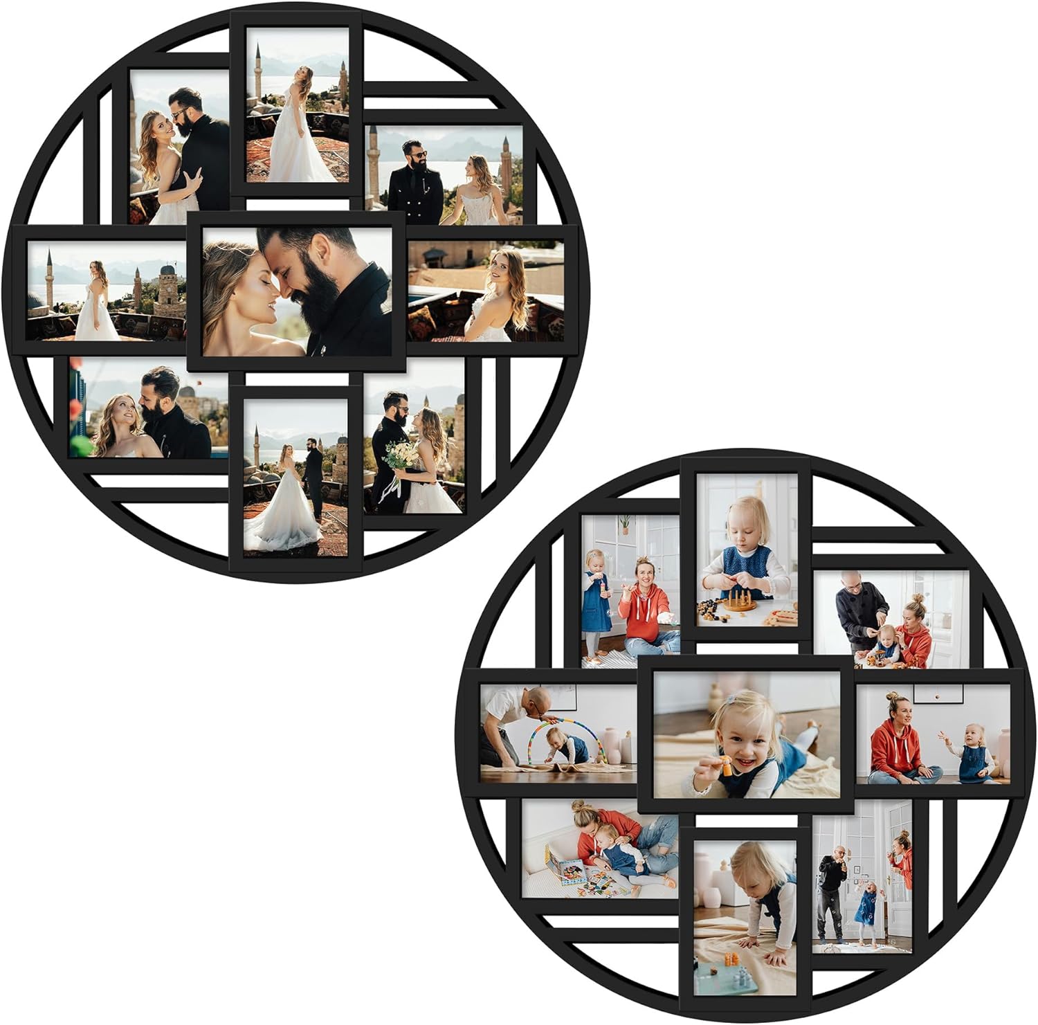Jerry & Maggie Photo Frame Round Circle Black Picture Frame Cute Selfie Gallery Collage Wall Hanging For 6x4 Photo - 9 Photo Sockets (Black/ 2Pack)