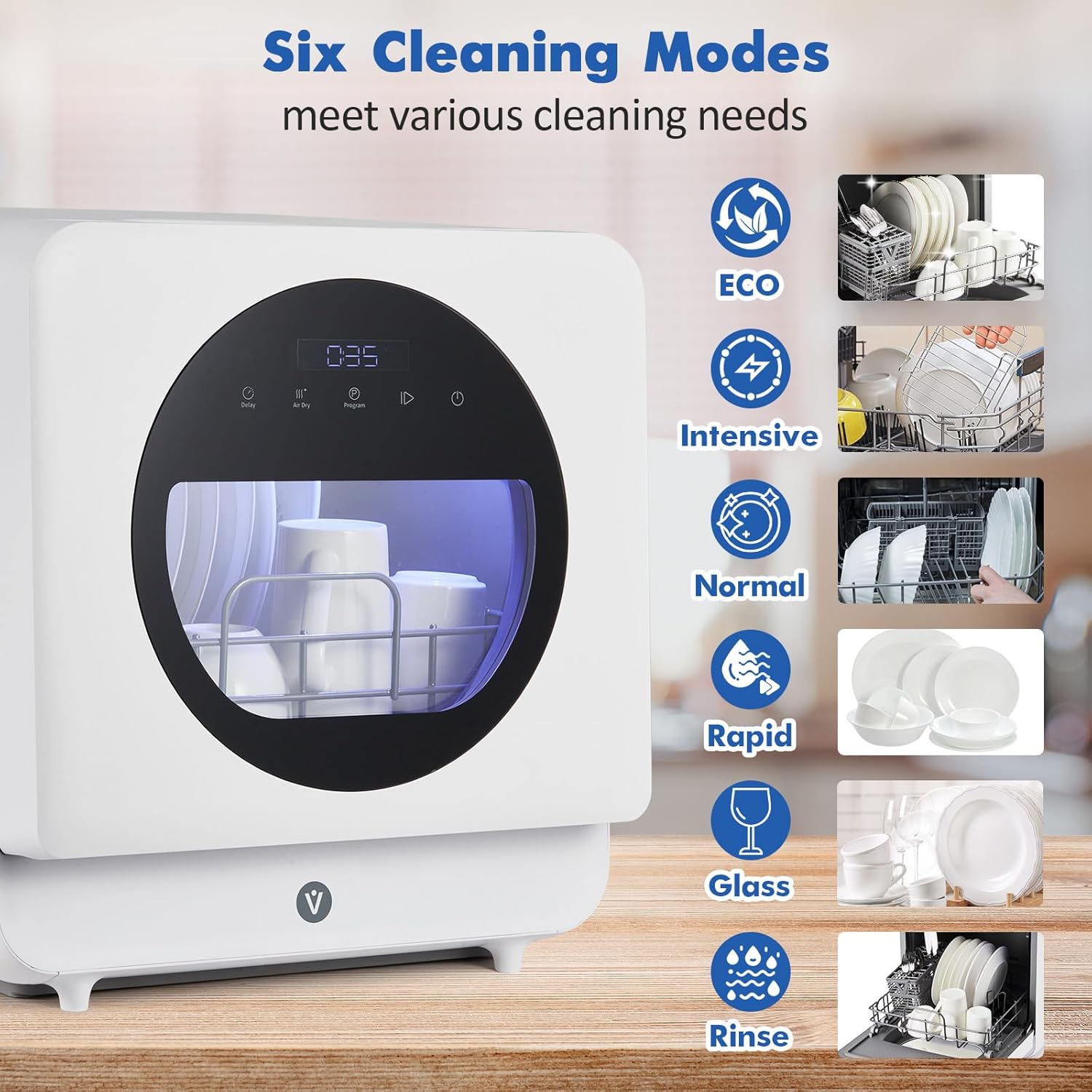 Portable Dishwasher Countertop, Mini Dishwasher with 6 Washing Programs 5.3L Water Tank Hot Air-Dry Function 24H Delayed Start Function LED Light, White