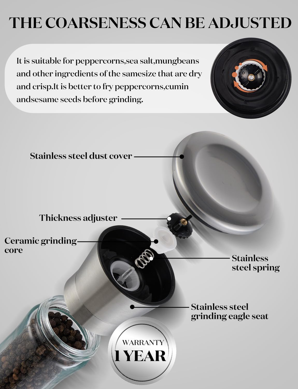 Pepper Grinder 2pcs Stainless Steel Refillable Salt and Pepper grinder with stand