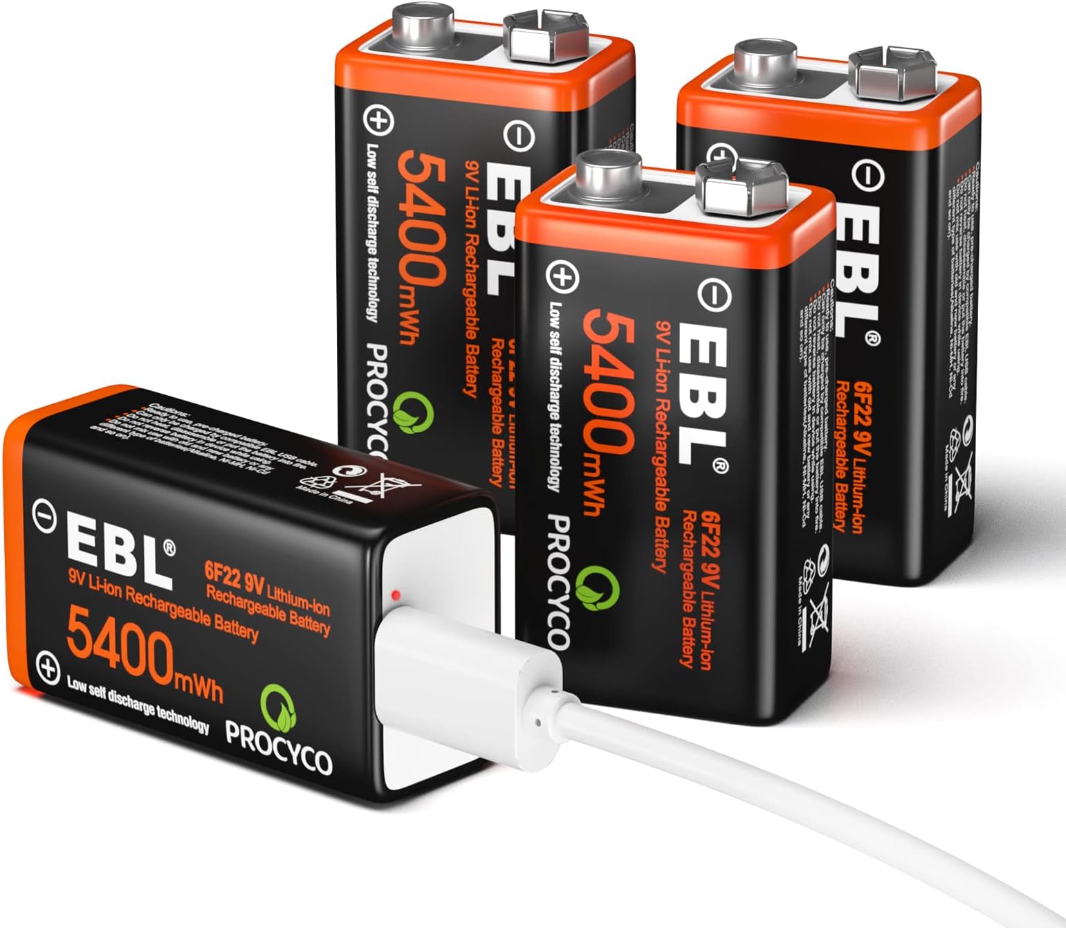 EBLUSB Rechargeable 9V Batteries - 5400mWh Long Lasting Batteries with Micro Charging Cable - Quick Charge in 2 Hours (Pack of 4)