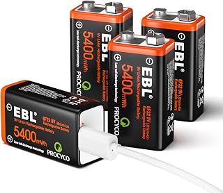 EBL USB Rechargeable 9V Batteries - 5400mWh Long Lasting Batteries with Micro Charging Cable - Quick Charge in 2 Hours (Pack of 4)