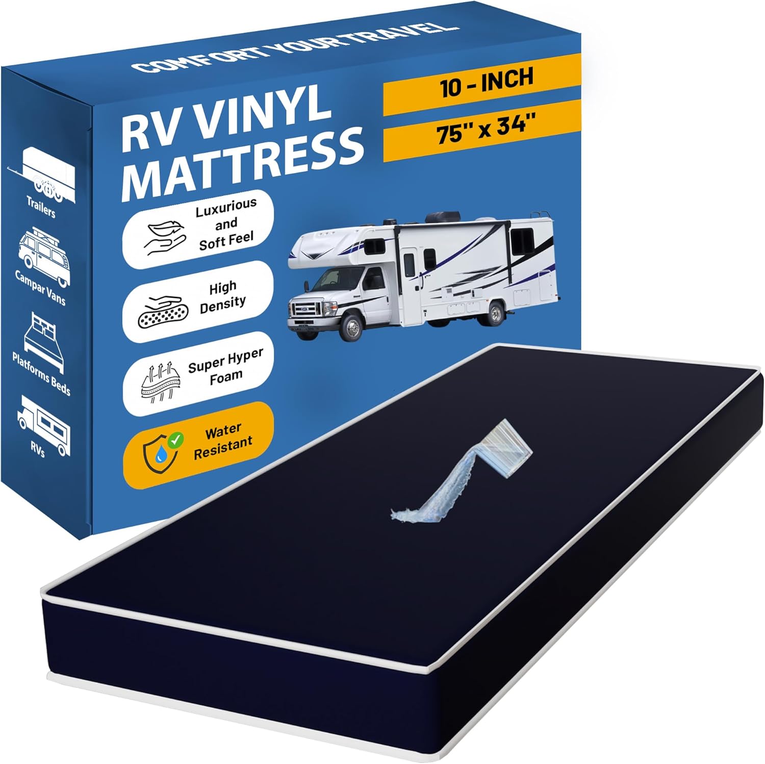 Greaton, 10-Inch Medium Firm Water-Resistance Foam Vinyl Mattress, Easy to Clean, Comfortable & Noise Free, 75" x 34", Blue