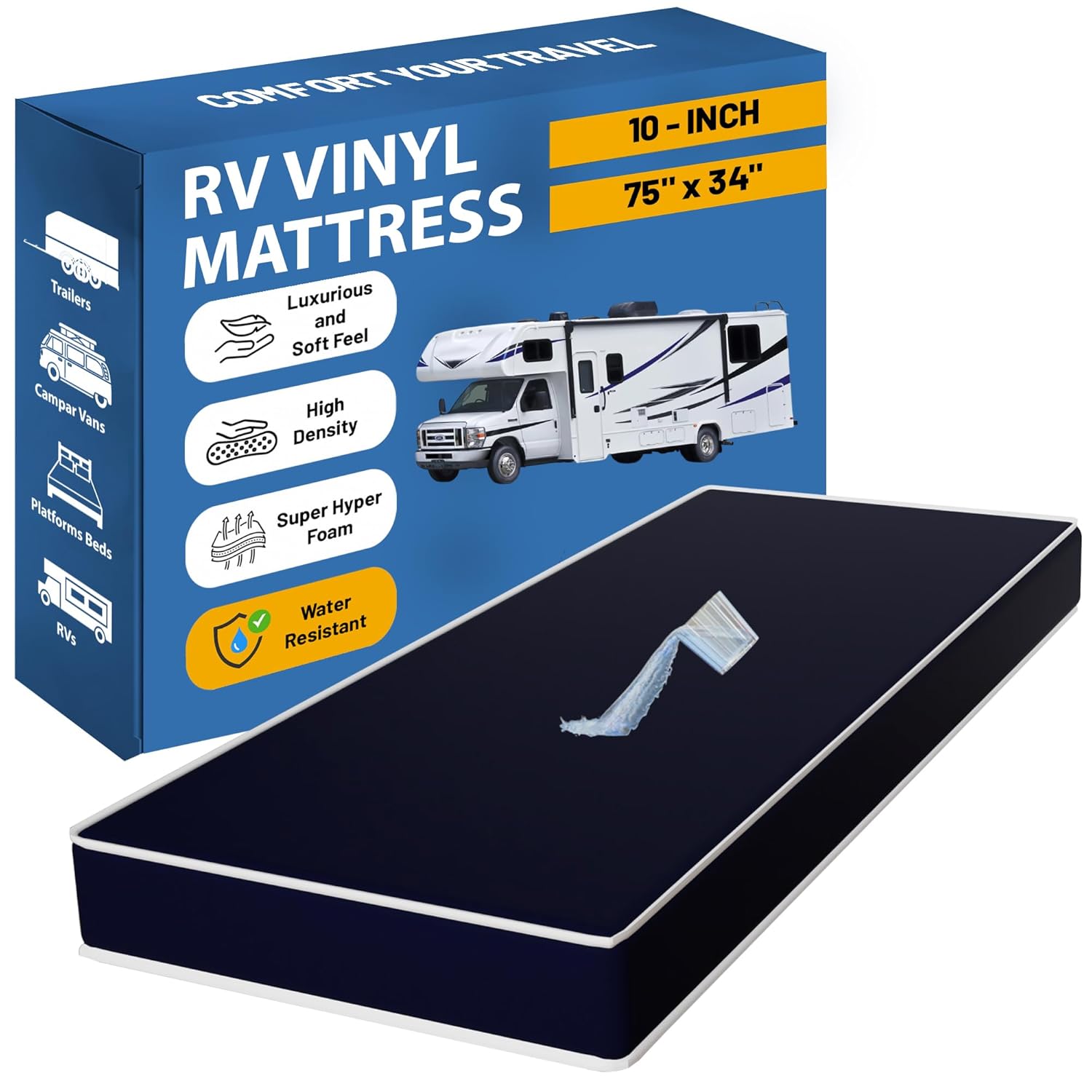 Greaton, 10-Inch Medium Firm Water-Resistance Foam Vinyl Mattress, Easy to Clean, Comfortable & Noise Free, 75" x 34", Blue