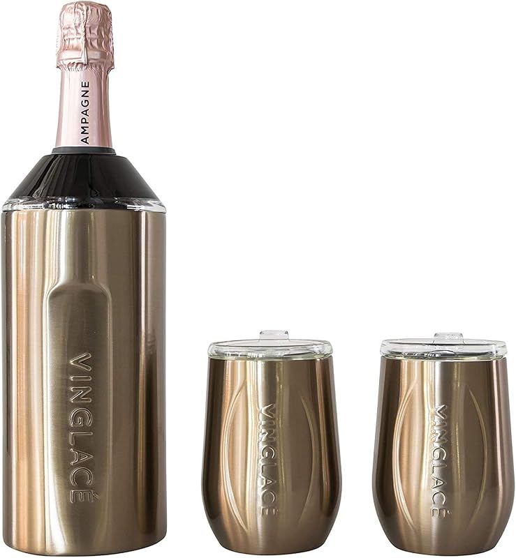 Wine Bottle Chiller Gift Set- Portable Stainless Steel Wine Cooler with 2 Stemless Wine Glasses, Copper