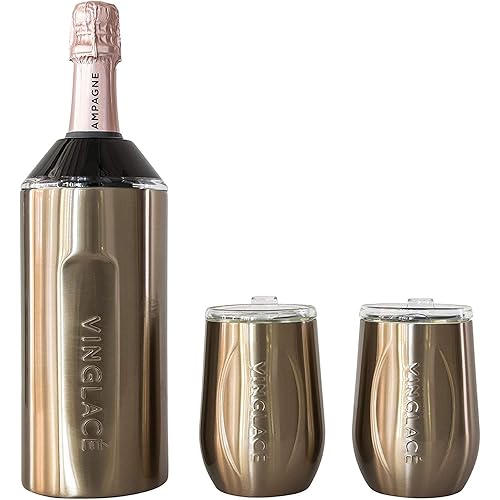 Vinglacé Wine Bottle Chiller Gift Set- Portable Stainless Steel Wine Cooler with 2 Stemless Wine Glasses, Copper