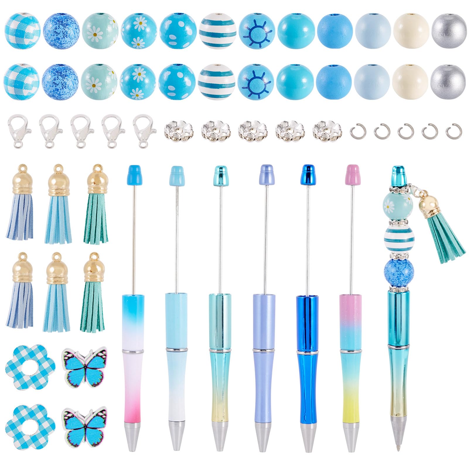 12 Sets Plastic Beadable Pens, Blue Themed Ballpoint Pens, Butterfly Flower Wood Beads, Crystal Spacer Beads with Black Inks for Students Office School Graduation Gifts