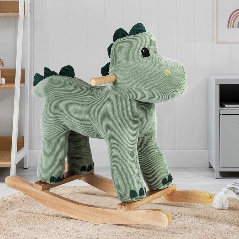 BAKAJI Dinosauro a Dondolo Cavalcabile Giocattolo per Bambini con Suoni Realistici e Struttura in Legno Resistente e Tessuto, Gioco Prima Infanzia, Sedia Design Animale, Idea Regalo per Cameretta
