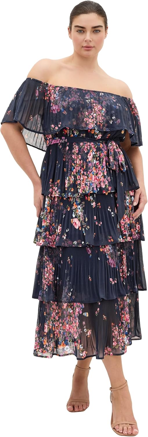 City Chic Plus Size Dress - Night Garden Print Tier Midi