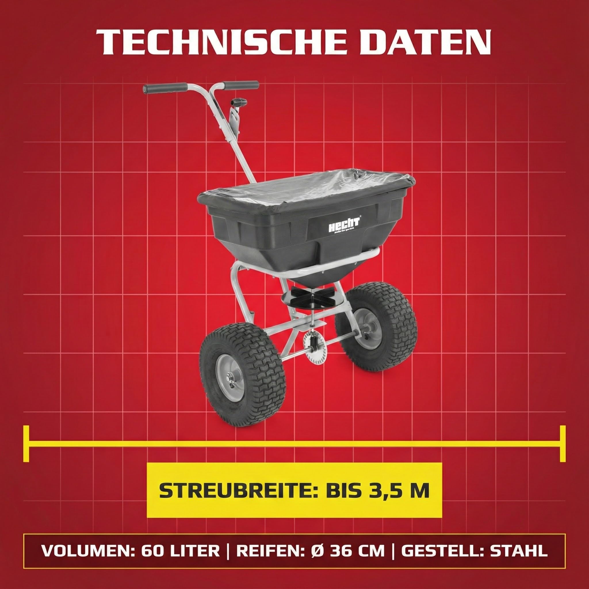 HECHT Ganzjahres Streuwagen 60 L – Düngerstreuer & Salzstreuer | Schleuderstreuwagen mit 3,5 m Streubreite – Rasendüngerstreuer für Sommer, Winter, Garten, Rasen und Gehwege
