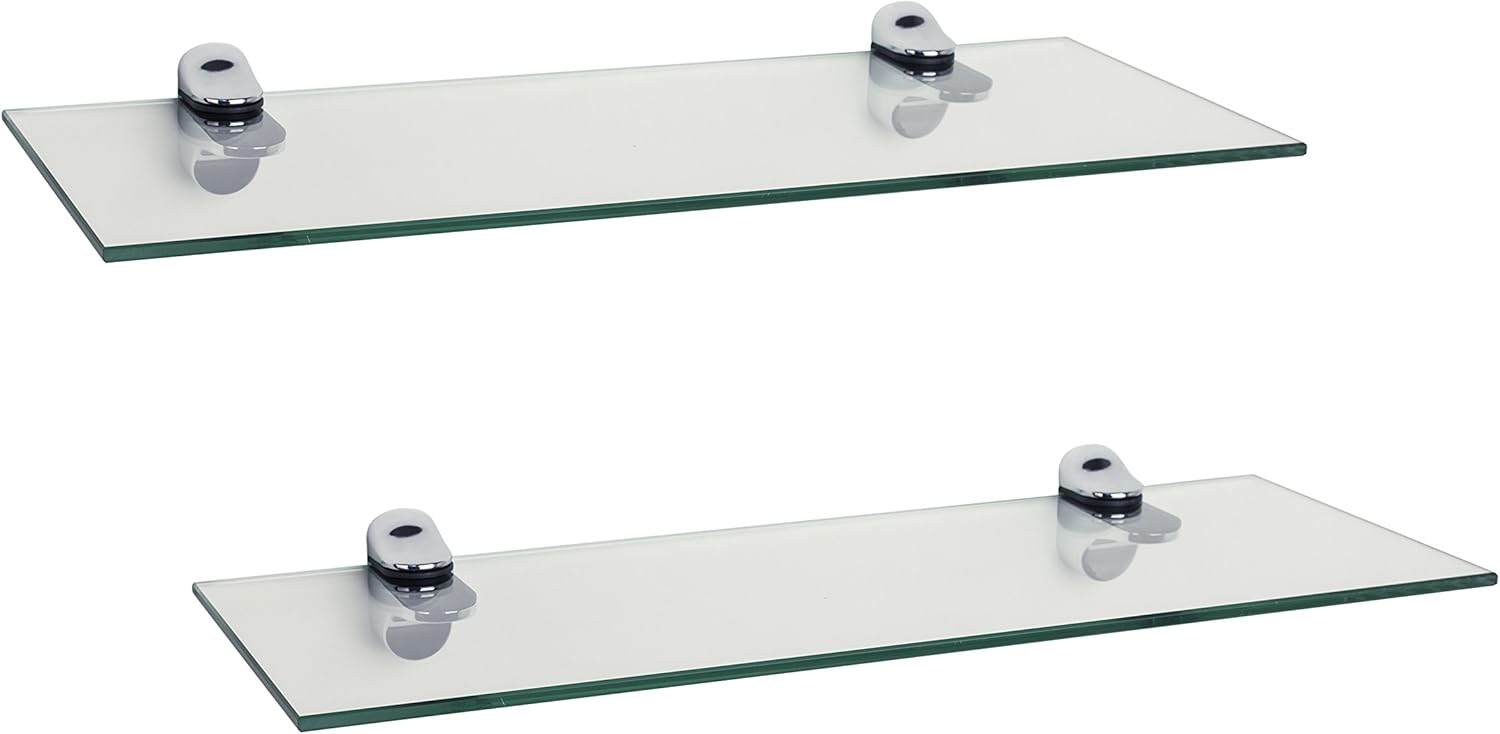 Danya B Set of 2 Glass Bathroom Floating Shelves with Chrome Brackets (Clear Glass)