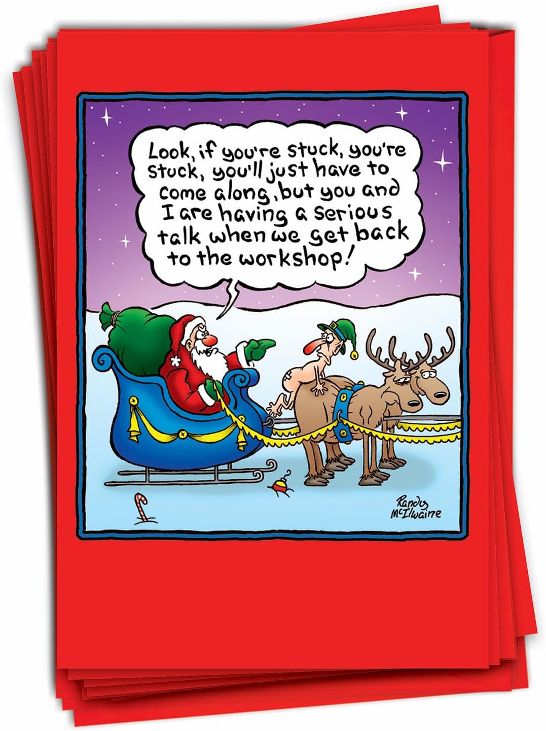 NobleWorks Pack of 12 Funny Christmas Greeting Cards with Envelopes, Humor Holiday for Men and Women (1 Design, 12 Cards) - Stuck Elf B5773