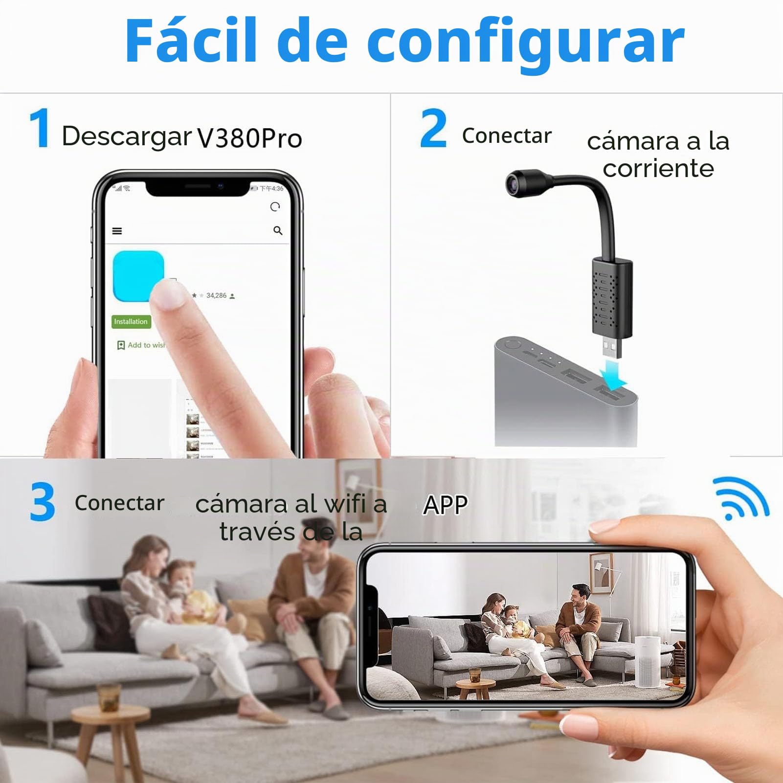 Annadue Cámara WiFi, Cámara Inalámbrica para Seguridad del Hogar, Cámara de Seguridad con Enchufe USB, Cámara para Mascotas HD 1080p con Visión Nocturna, Detección de Movimiento,