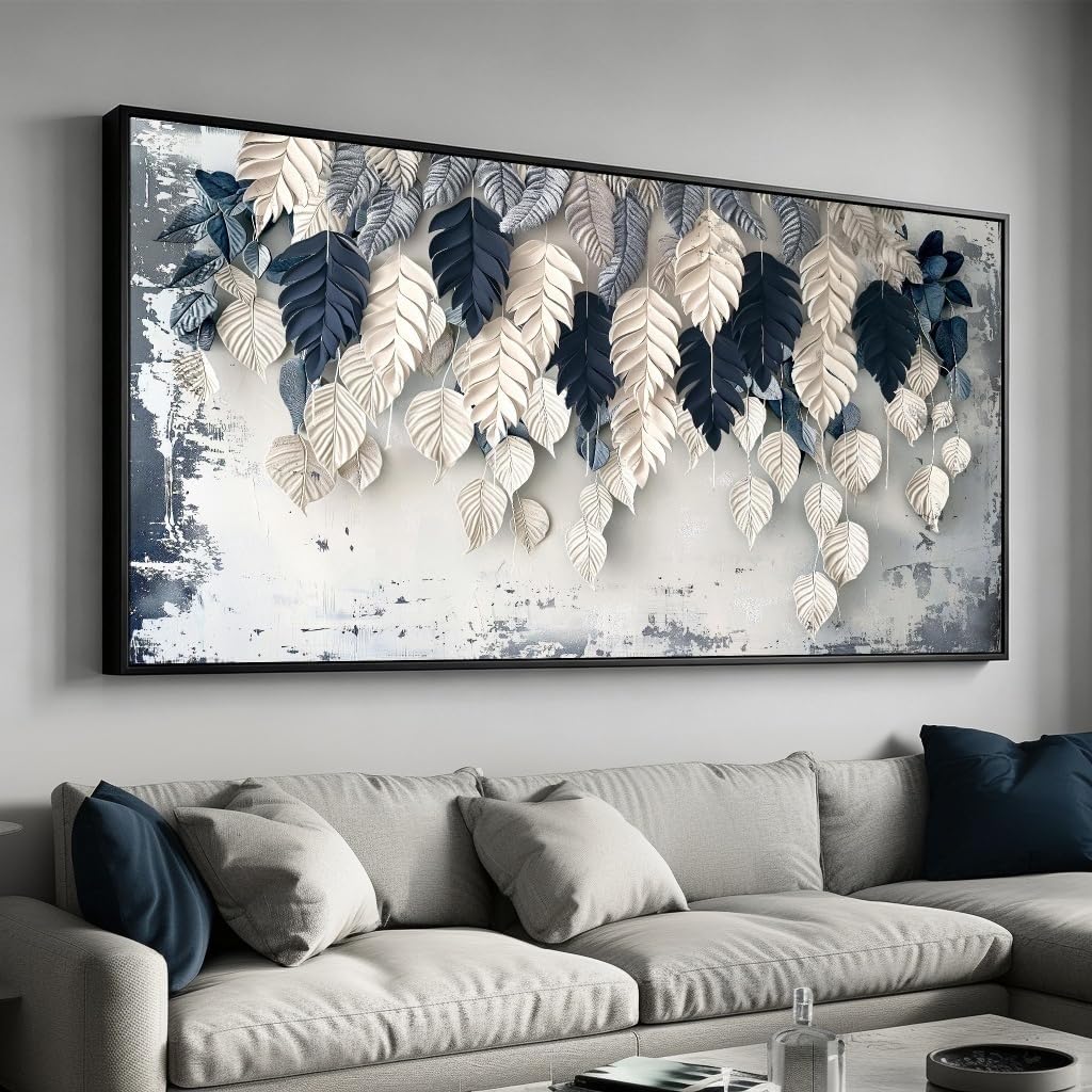 Botanical Leaf Wall Art White Blue Modern Framed Canvas Decor 20"x40"