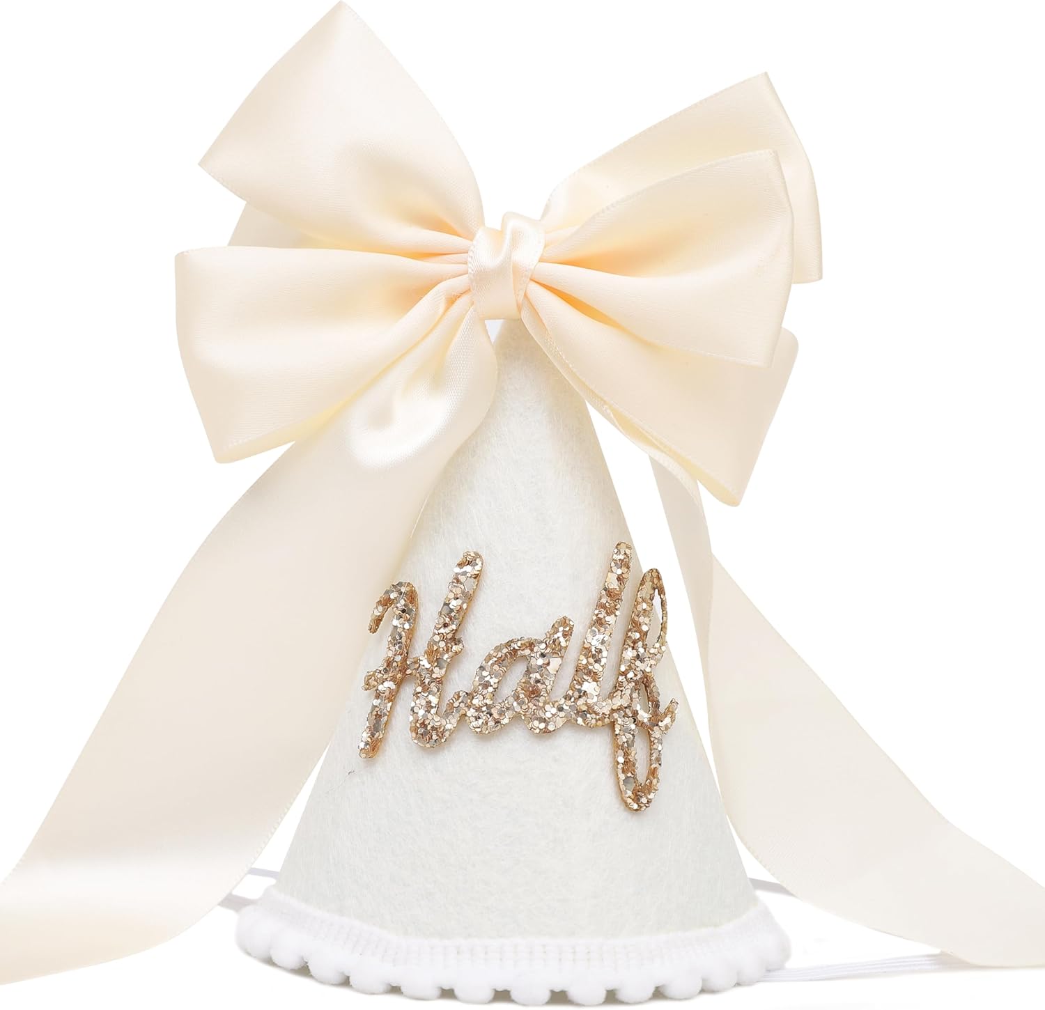 Boho Beige Bow Half Birthday hat-1/2 Birthday Decorations,Glitter Number Cone Hat,Princess Hat,Photo Props Cake Smash