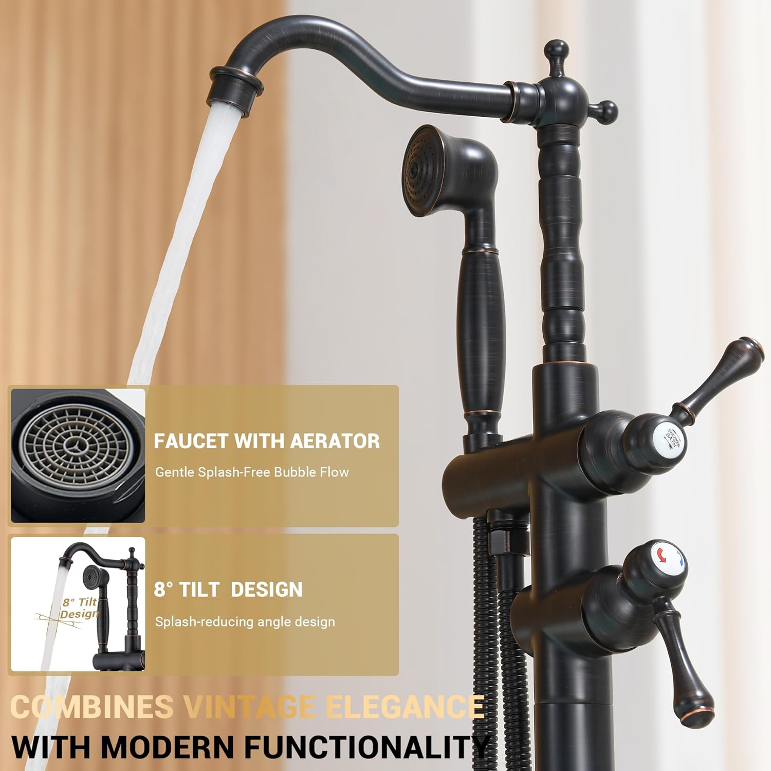 Oil Rubbed Bronze Freestanding Bathtub Faucet Sets Single Handle with 360° Swivel Spout Floor Mount Tub Filler with Handheld Sprayer, Floor Mount Bathtub Faucet, 47.2-Inch, JBTF430-ORB