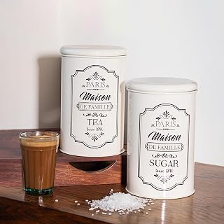 Market99 Glossy Ivory Metal Tea & Sugar Jar Set of 2, Each 900ml Airtight Cylindrical Kitchen Containers for Storing Tea and Sugar Stylish and Durable Canisters for Organized Pantry and Countertop