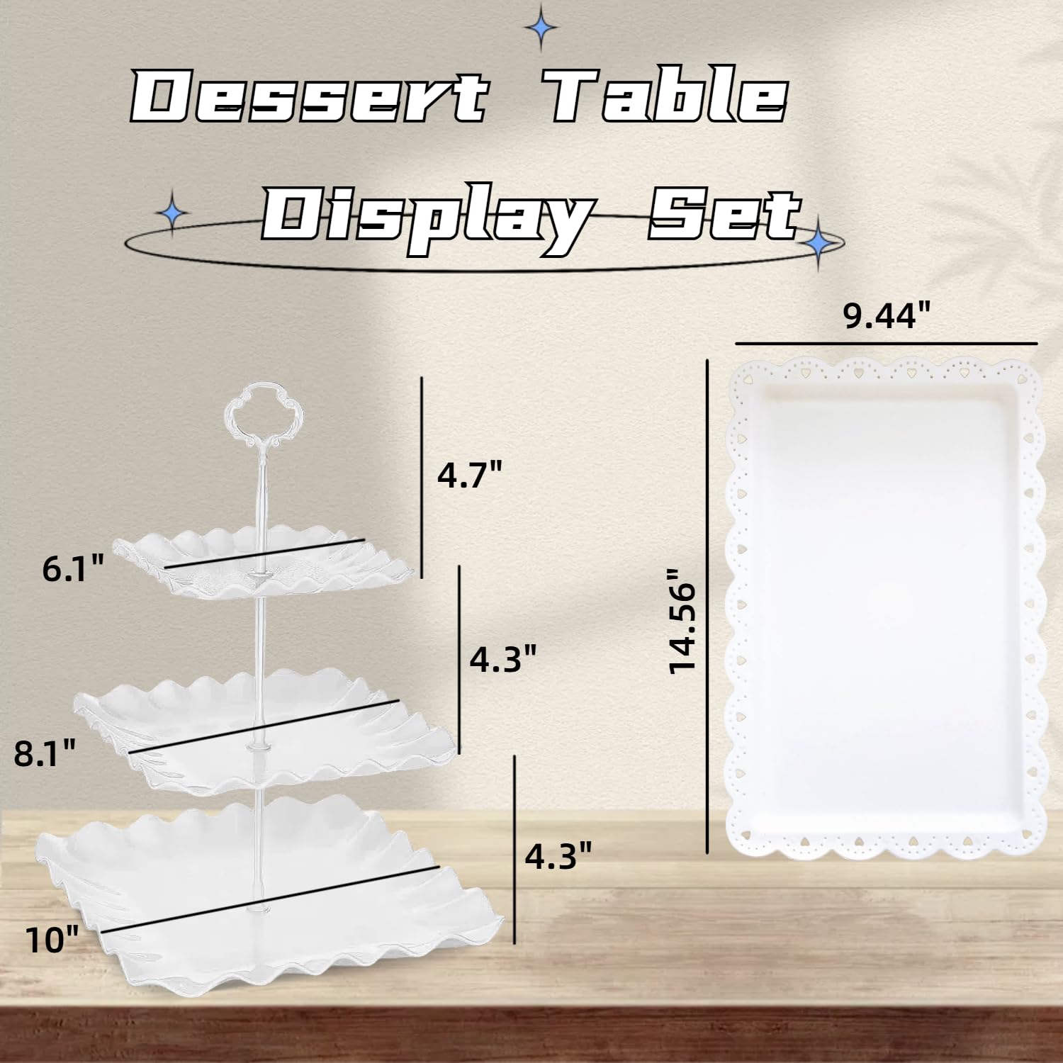 Cupcake-Ständer-Set aus Kunststoff, Desserttisch, 2 weiße quadratische 3-stöckige Cupcake-Ausstellungsständer, Kekstablett, Servierturm und 3 x 35,6 cm Kunststoff-Tabletts für Hochzeit, Babyparty