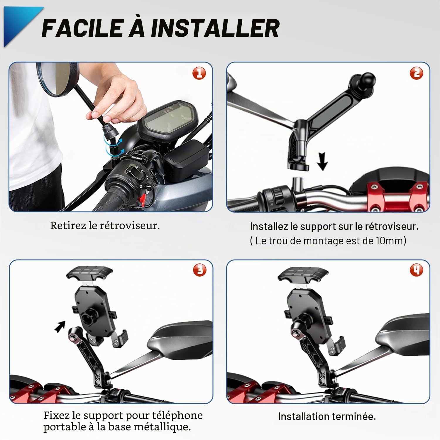 Support Téléphone Moto 360° Rotation Anti-Vibrations Support Smartphone Moto Anti-secousse Porte Telephone Scooter Antirouille Support Telephone Scooter Retroviseur pour 4-7'' Smartphone (Noir)